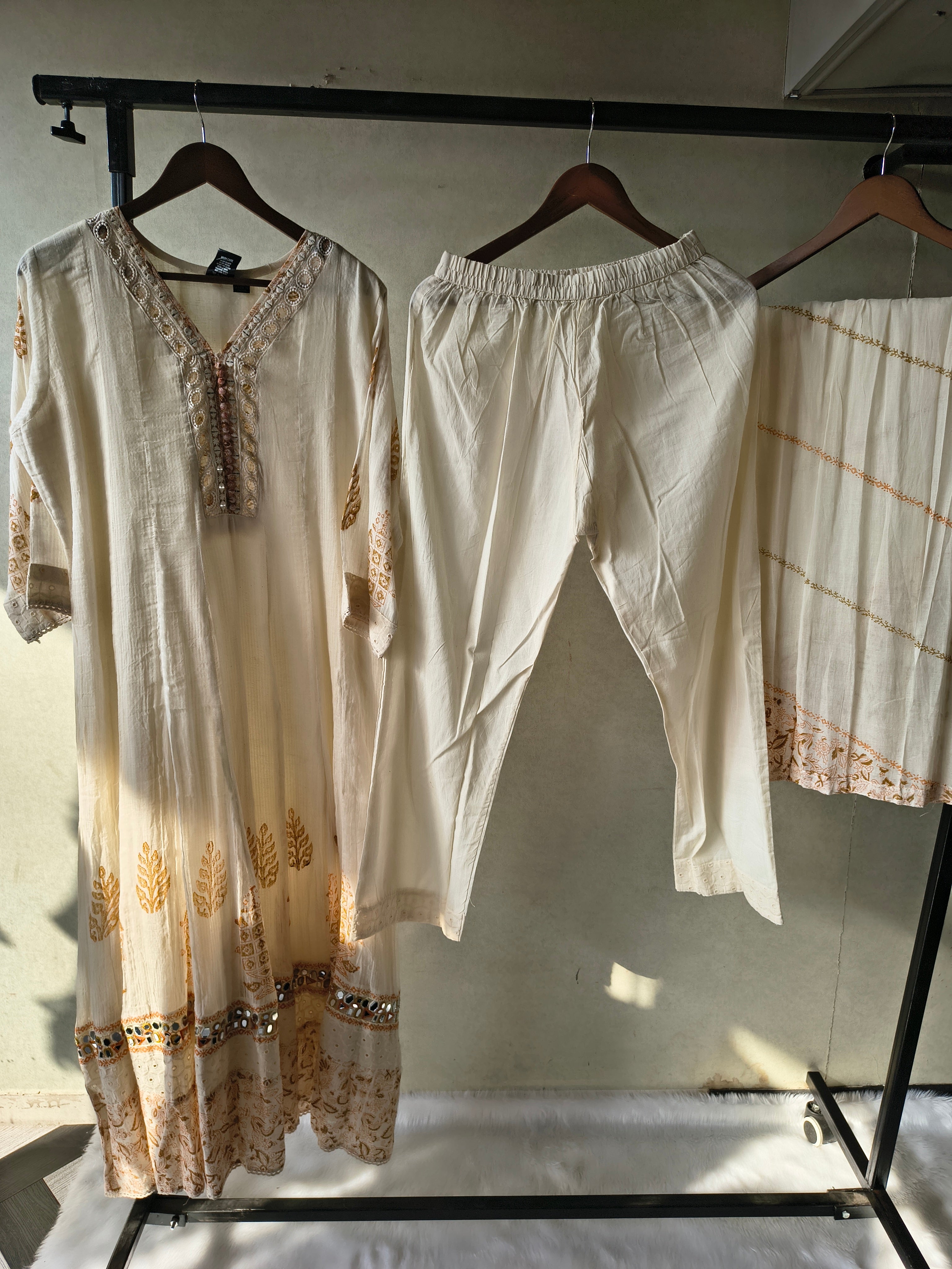 Image of Premium Ivory Embroidered Anarkali Kurta Set with Mirror Work & Cotton Dupatta