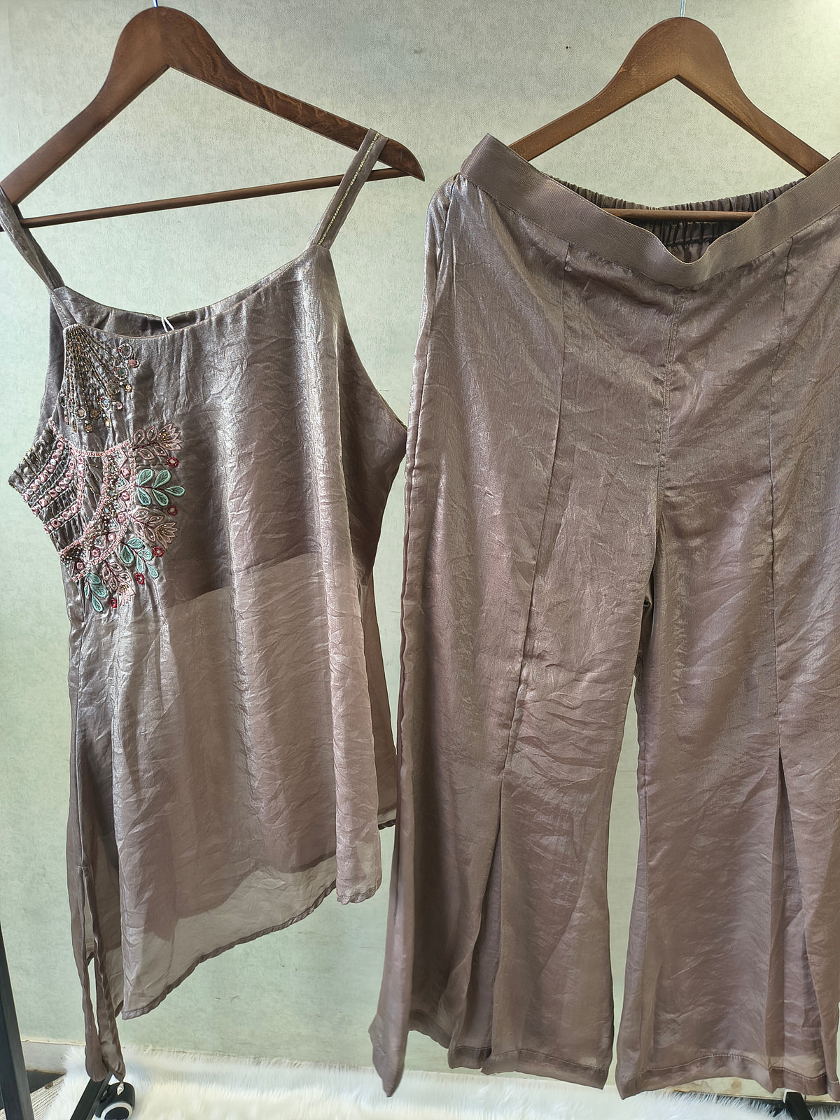 Steel Grey Asymmetrical Embroidered Indo-Western Kurta Set with Straight Pants & Dupatta – 3 Piece Designer Co-Ord Set
