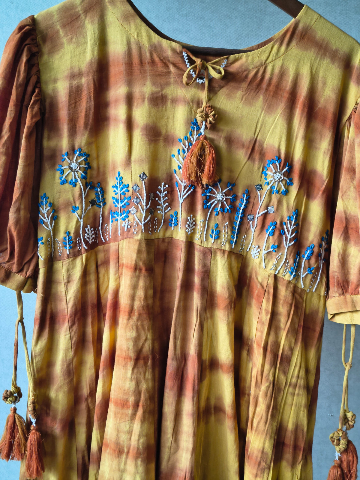Premium Mustard Tie-Dye Embroidered Cotton Flared Dress