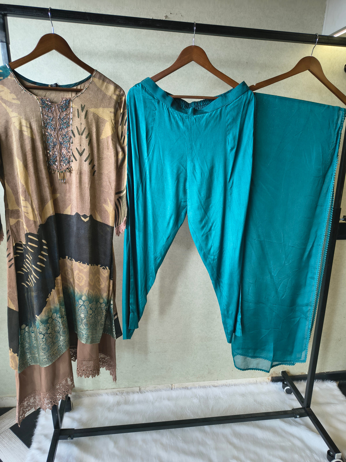 Premium Abstract Print Straight Kurta with Cigarette Pants & Dupatta Set