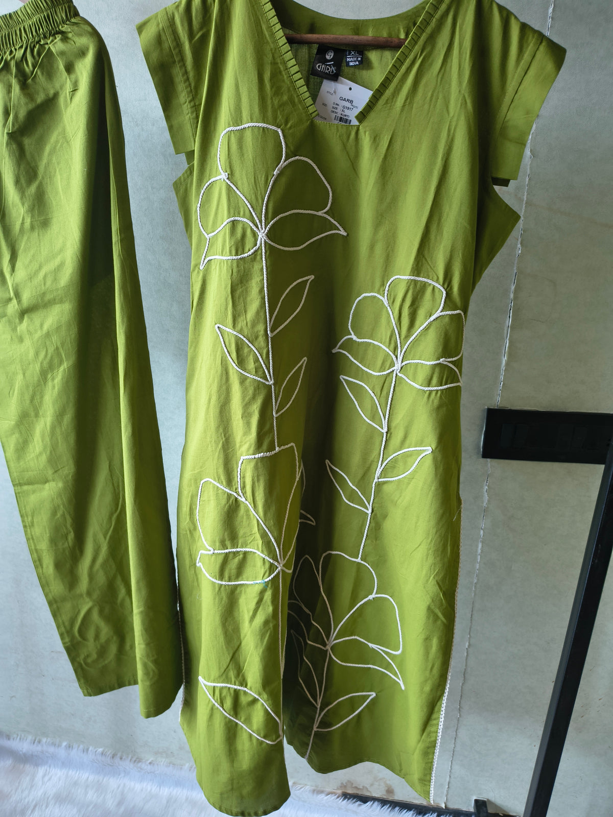 Olive Green Cotton Co-Ord Set with Abstract Floral Cord Embroidery