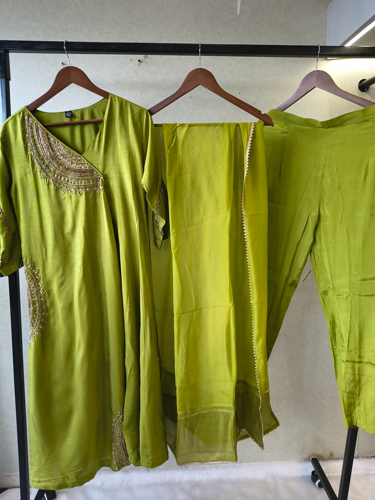 Lime Green Hand-Embroidered Designer Kurta Set with Organza Dupatta | Premium 3 Piece Ethnic Suit