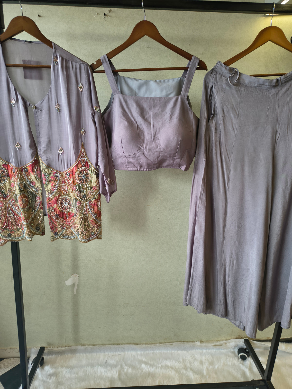 Dusty Mauve Tissue Silk Embroidered Peplum Jacket with Bustier & Flared Palazzo – 3 Piece Designer Indo-Western Set