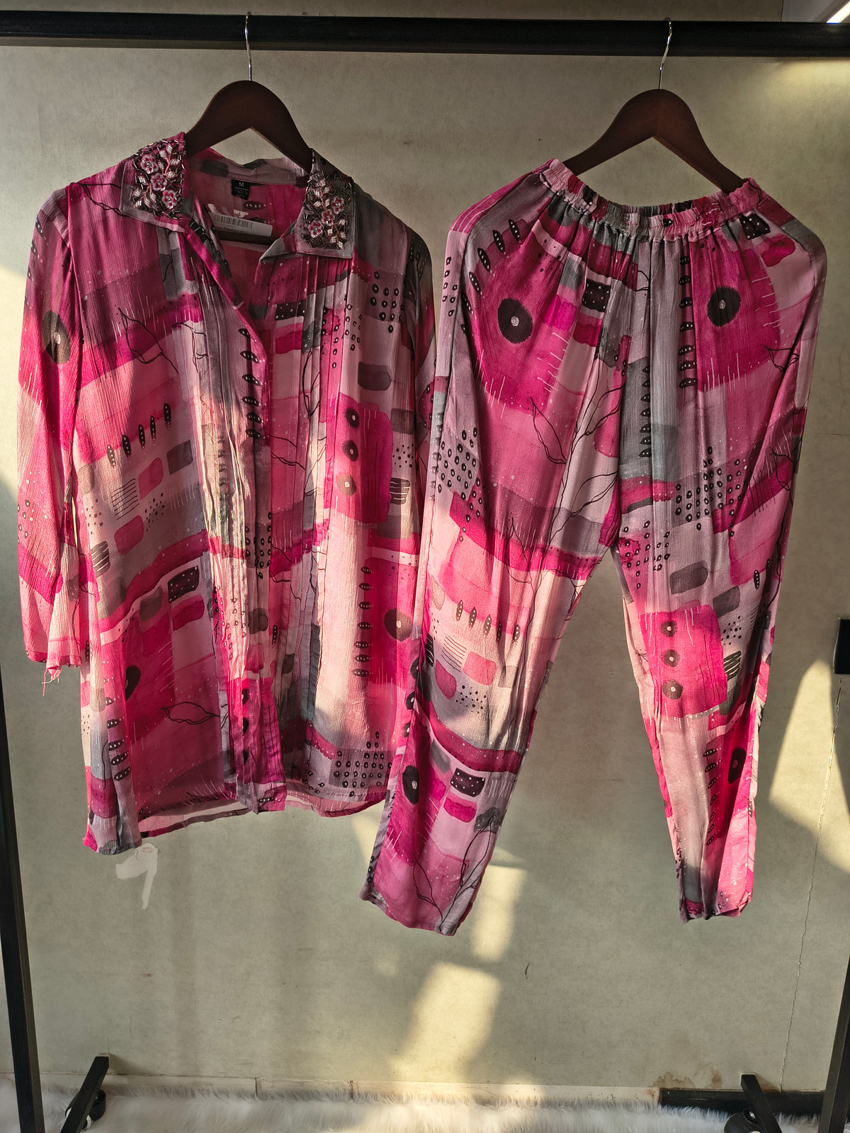Premium Embellished Abstract Printed Oversized Shirt Co-Ord Set with Tapered Pants