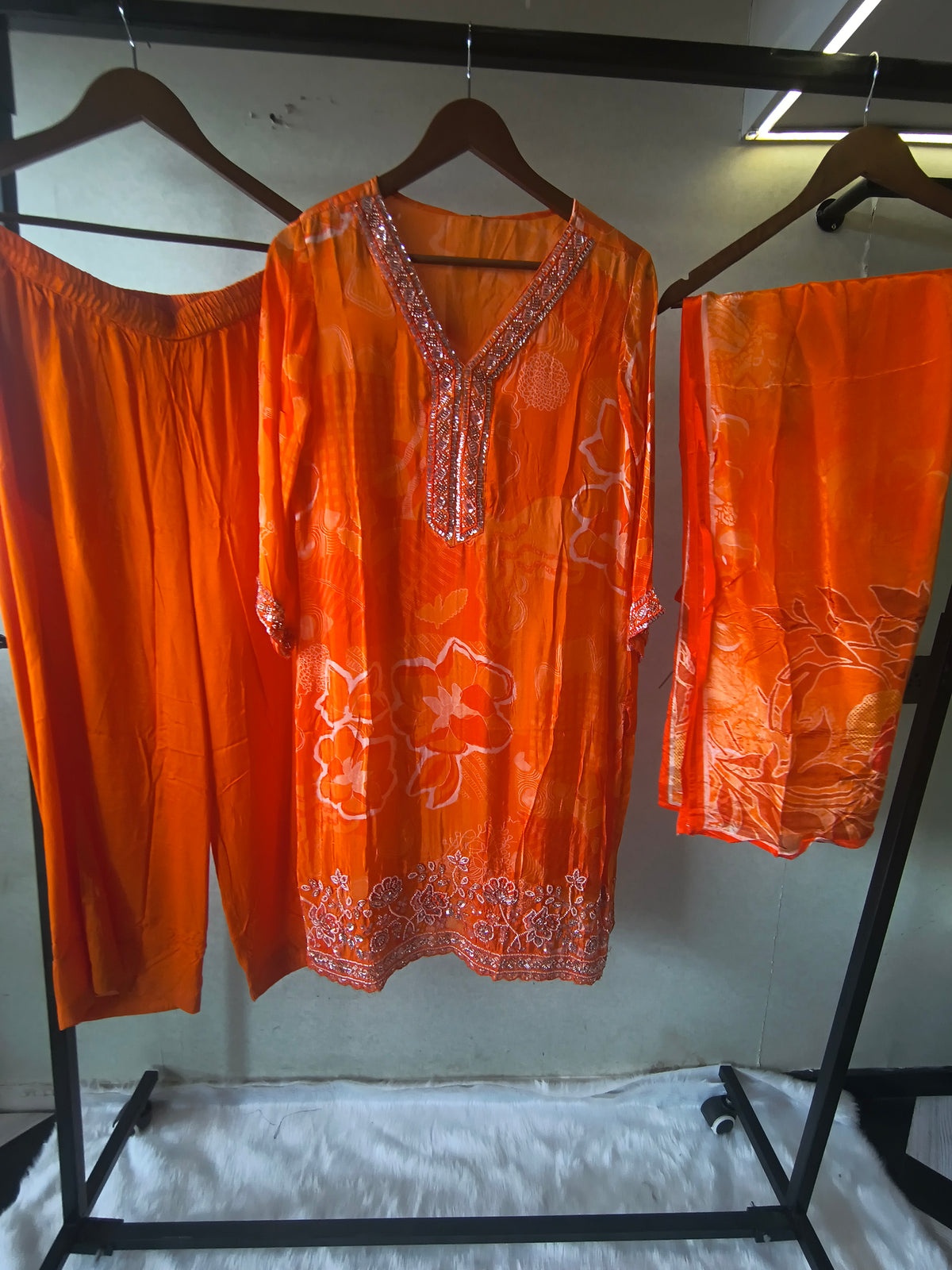 Burnt Orange Printed Silk Blend Kurta Set with Embellished Neckline & Floral Border – Premium 3 Piece Ethnic Ensemble