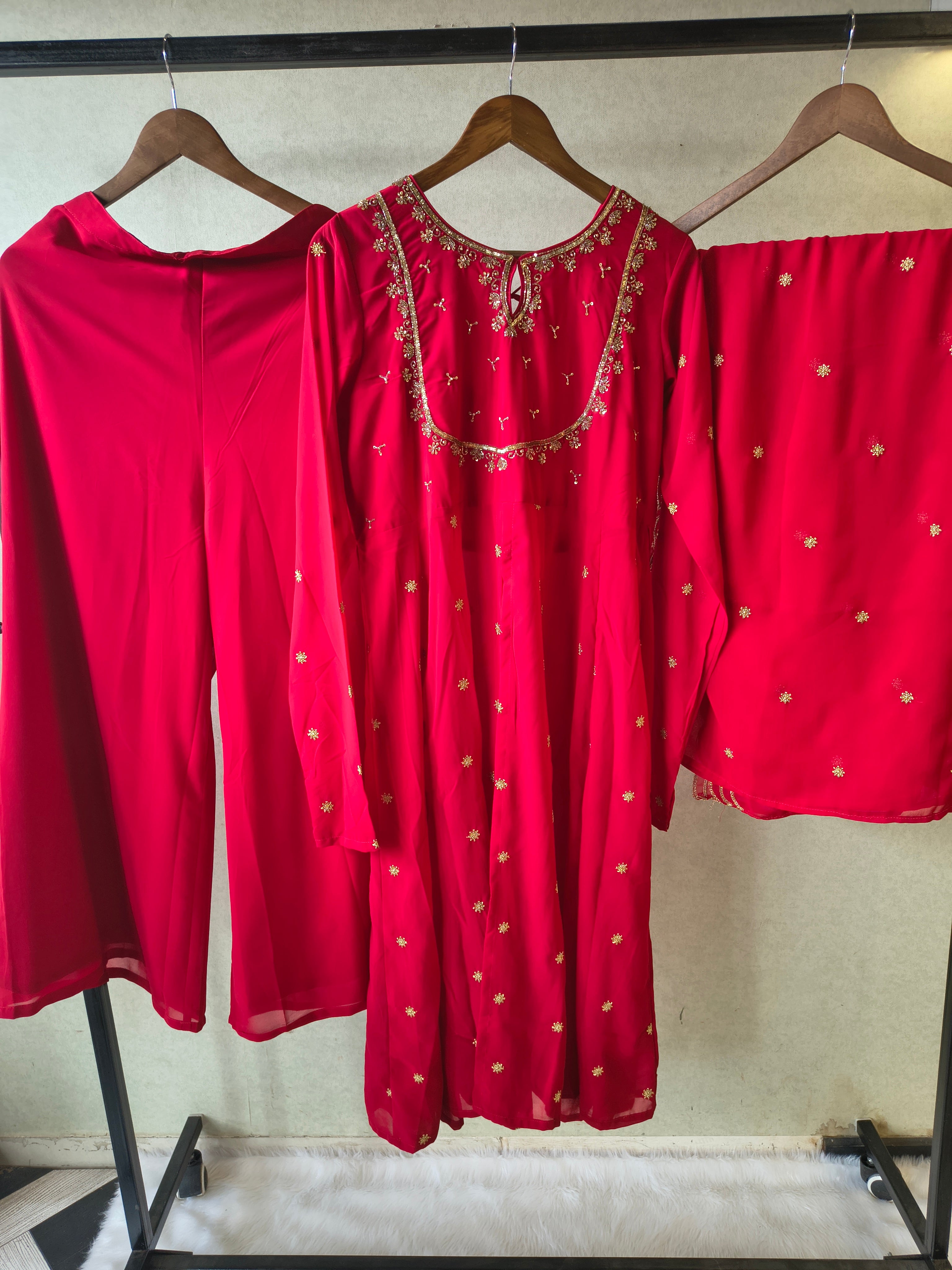 Image of Premium Ruby Red Embroidered Kurta with Sharara & Embellished Dupatta Set