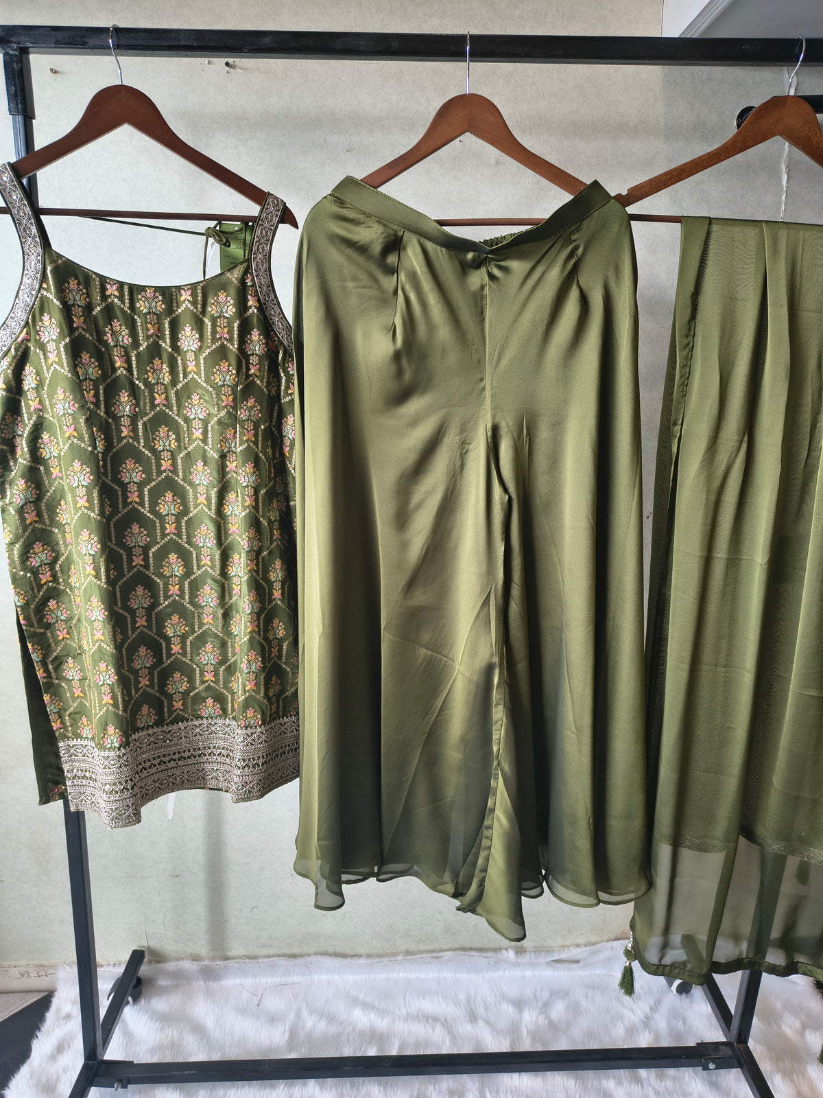 Olive Green Printed Sharara Set with Embroidered Border & Dupatta – Premium 3 Piece Festive Ensemble