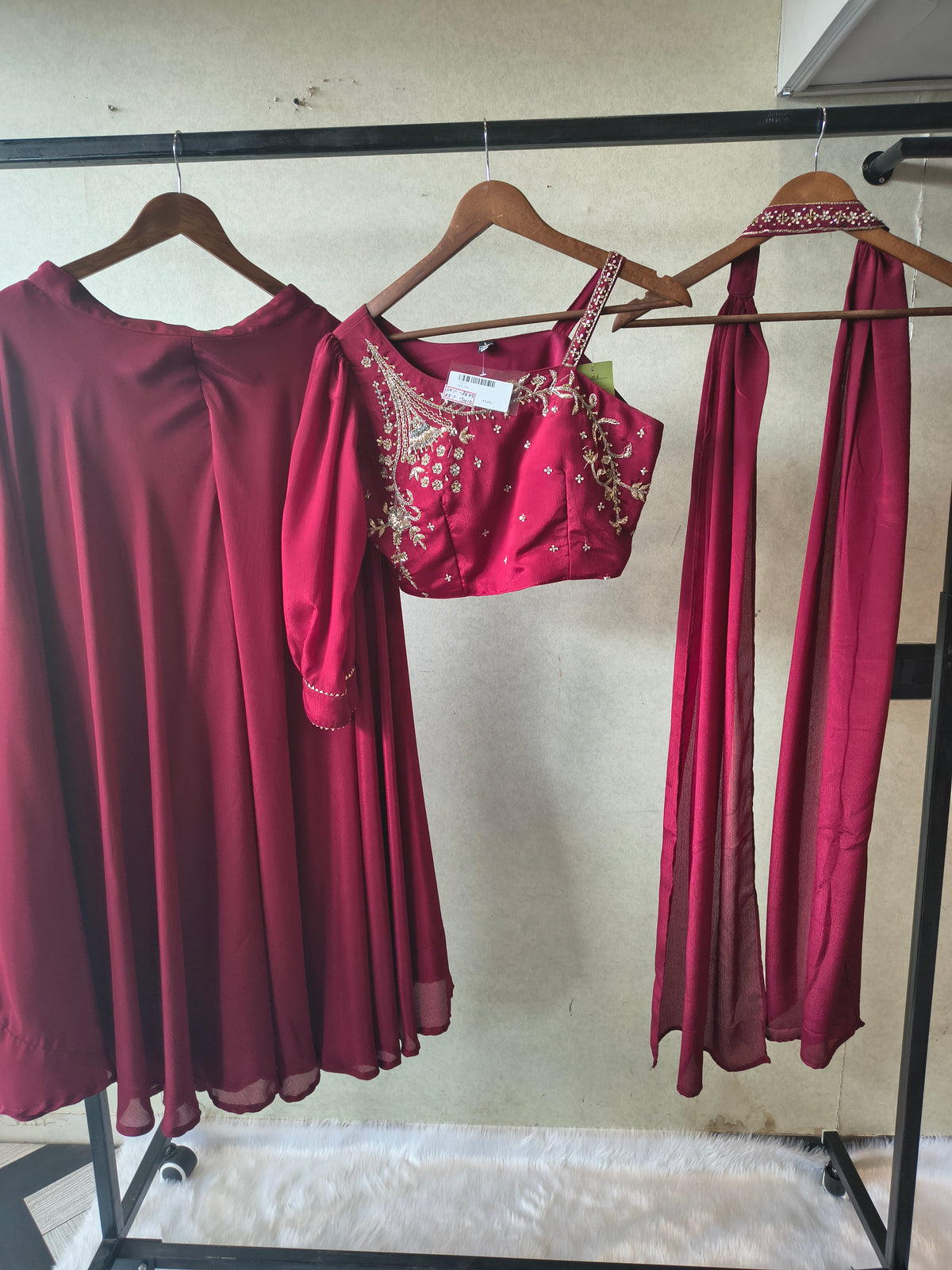 Premium Wine Satin Silk 3-Piece Lehenga Set with Hand Embroidered One-Shoulder Blouse & Dupatta