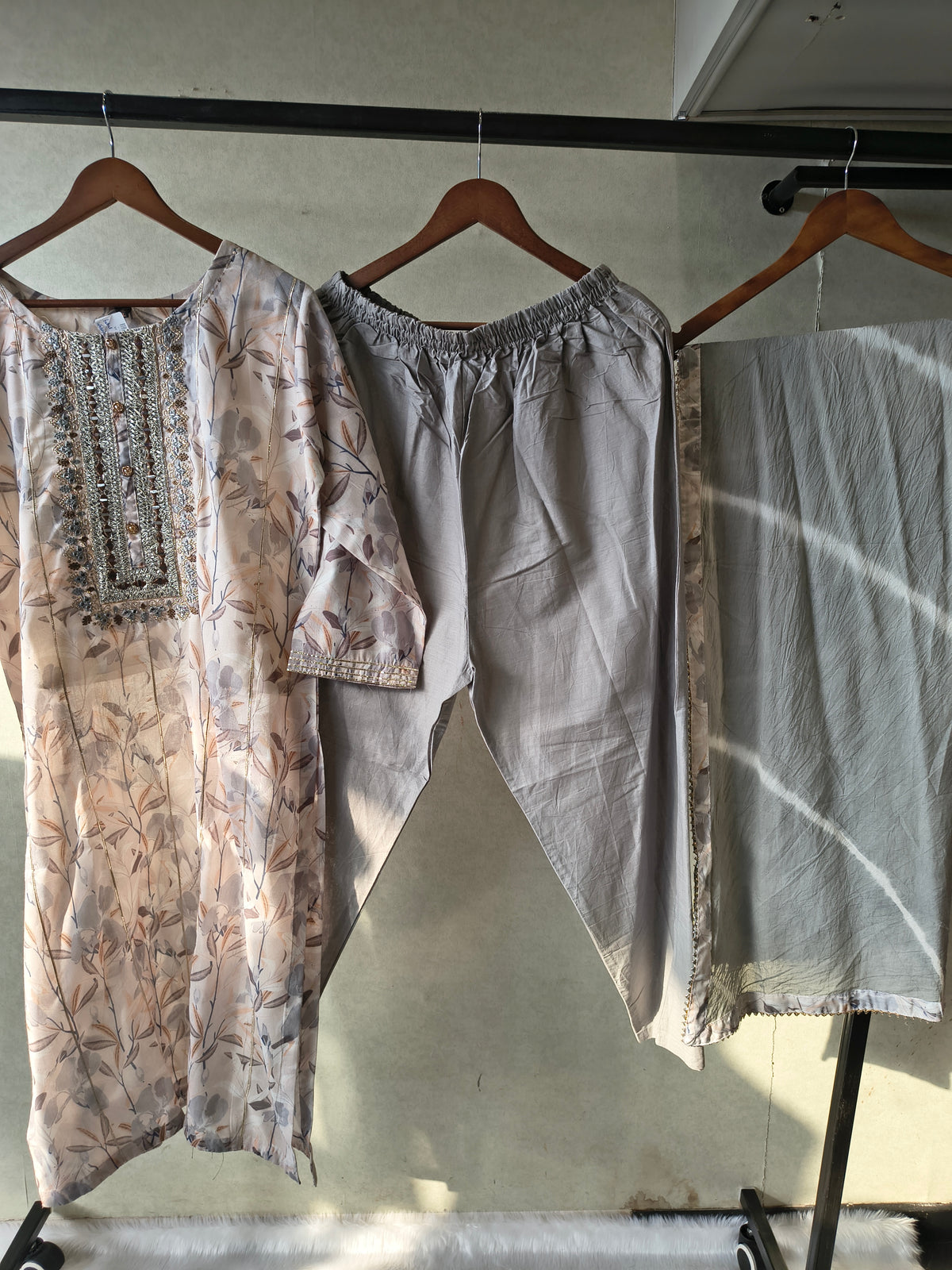 Premium Pastel Floral Printed Kurta Set with Embellished Yoke & Chiffon Dupatta