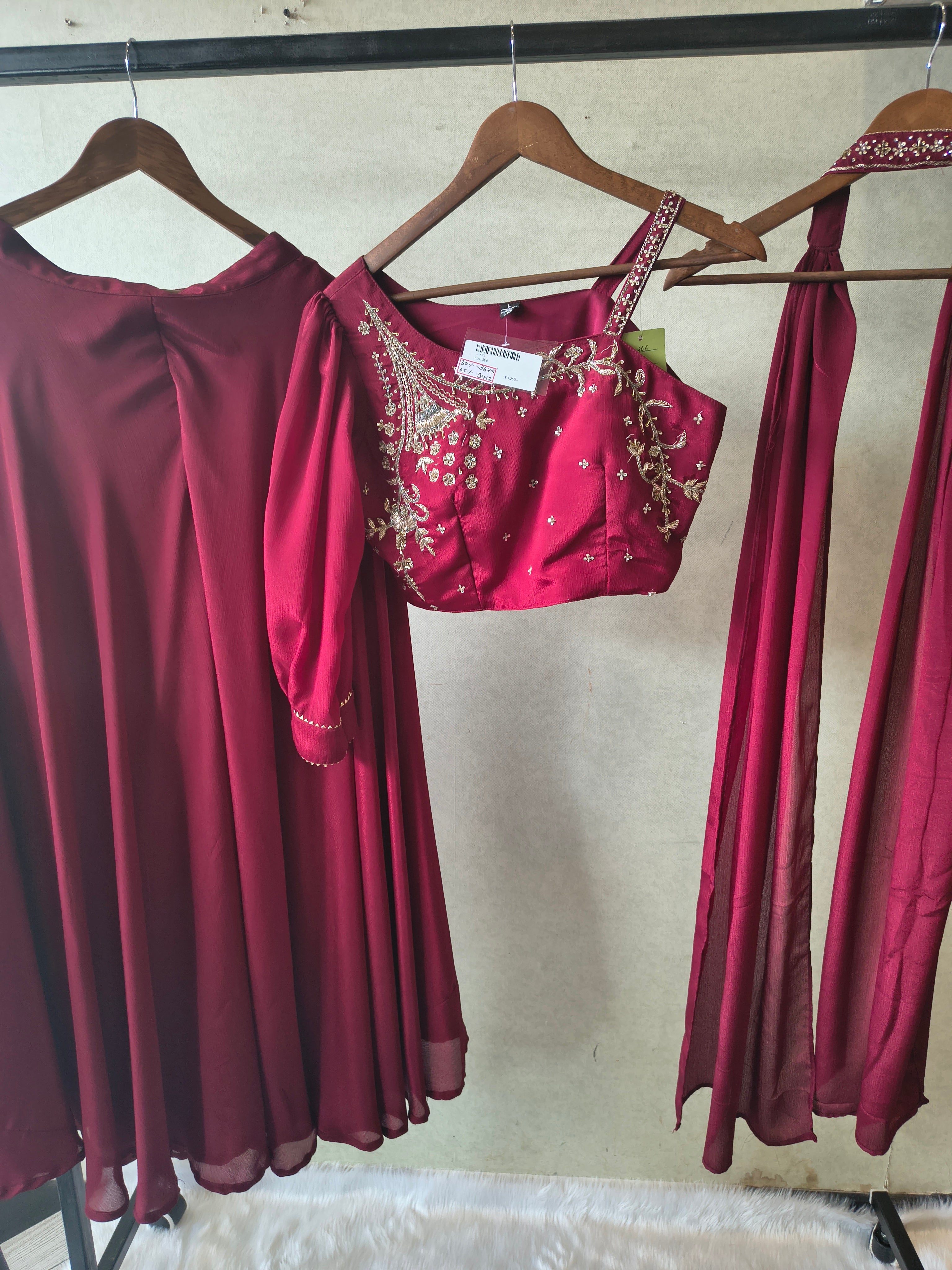 Image of Premium Wine Satin Silk 3-Piece Lehenga Set with Hand Embroidered One-Shoulder Blouse & Dupatta