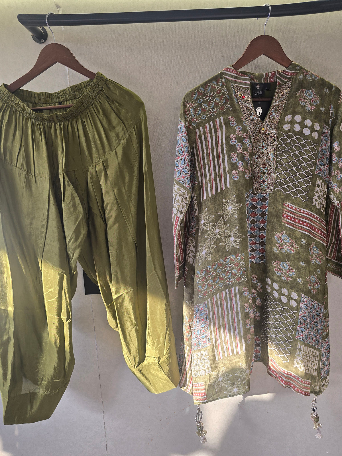 Olive Patchwork Print Embroidered Co-Ord Set