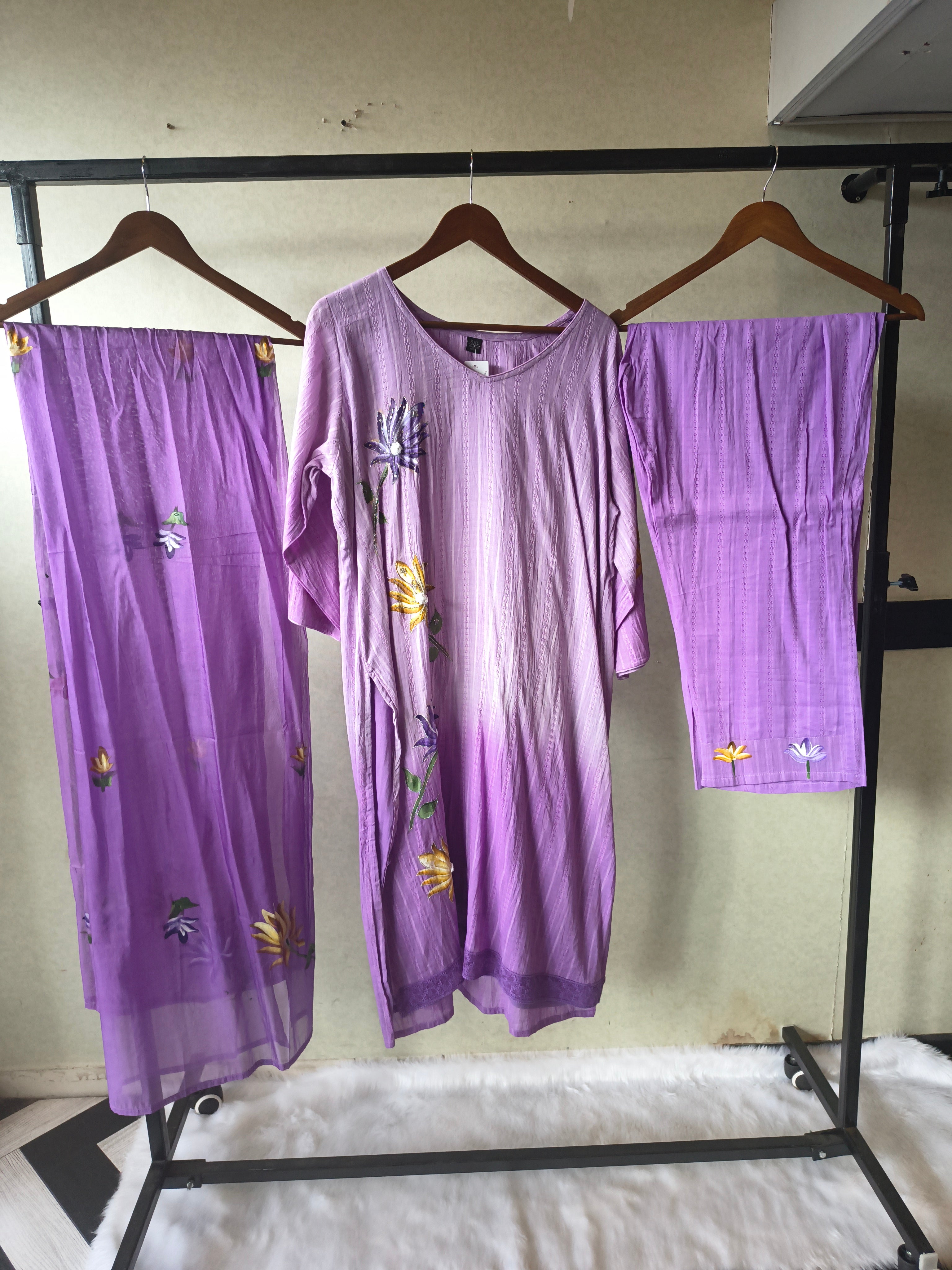 Image of Premium Lavender Embroidered Straight Kurta Set with Floral Dupatta & Straight Pants