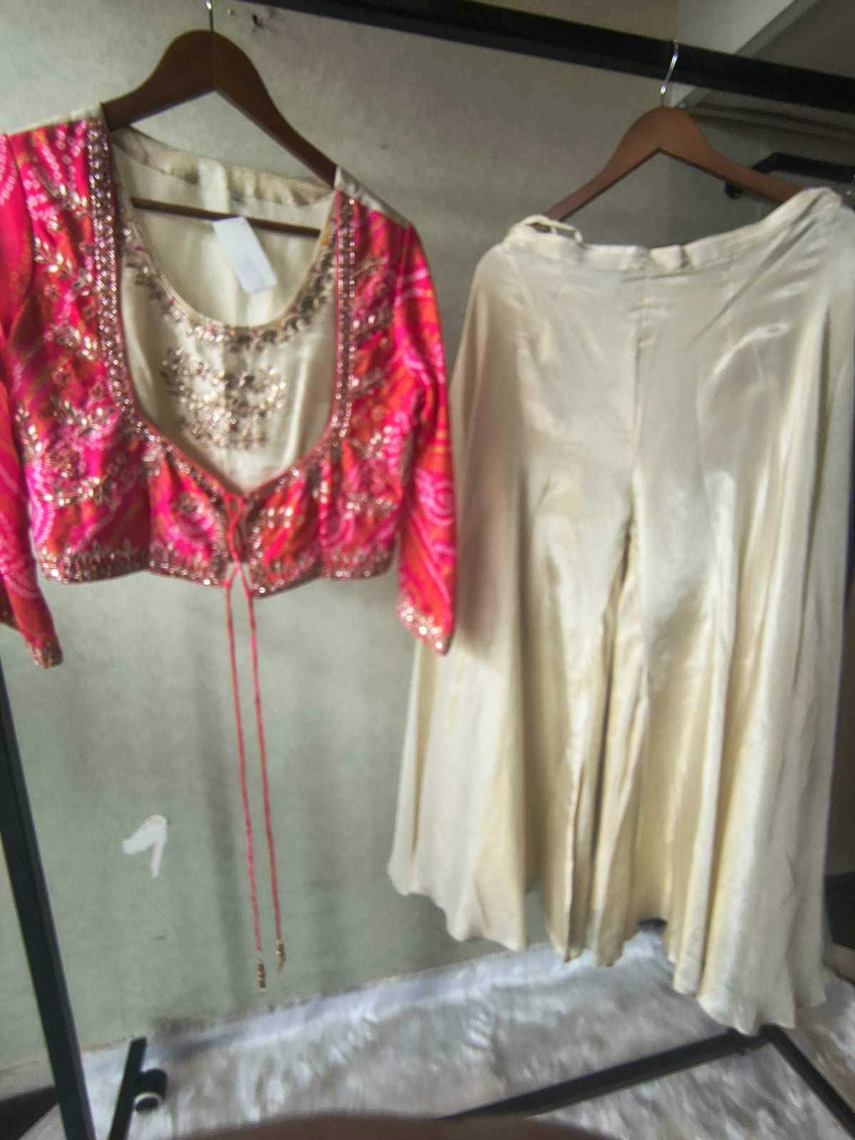 Premium Hot Pink Bandhani Print Embroidered Jacket Blouse with Ivory Flared Palazzo Set