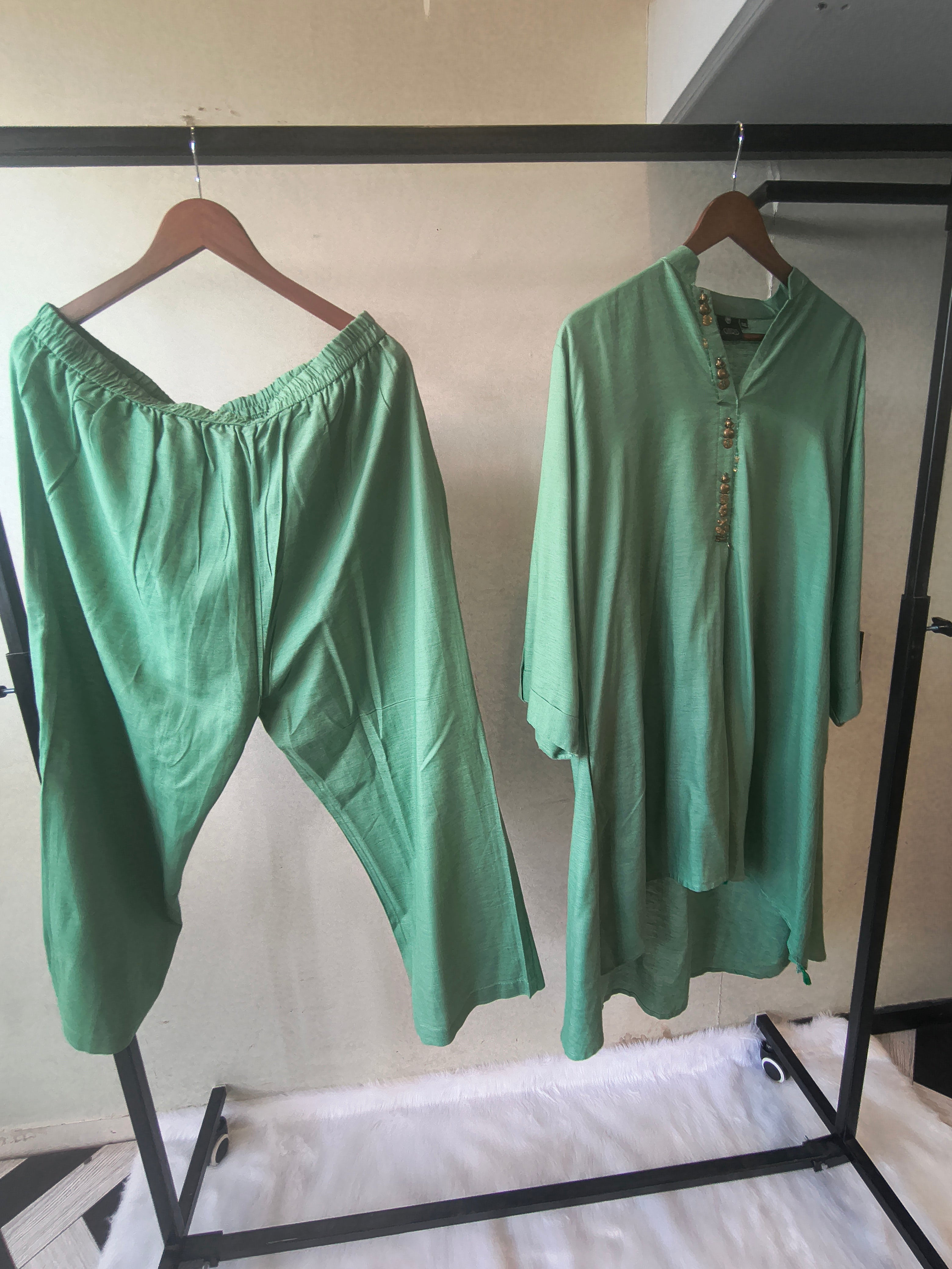 Image of Premium Sage Green Designer Co-Ord Kurta Set with Antique Button Detailing