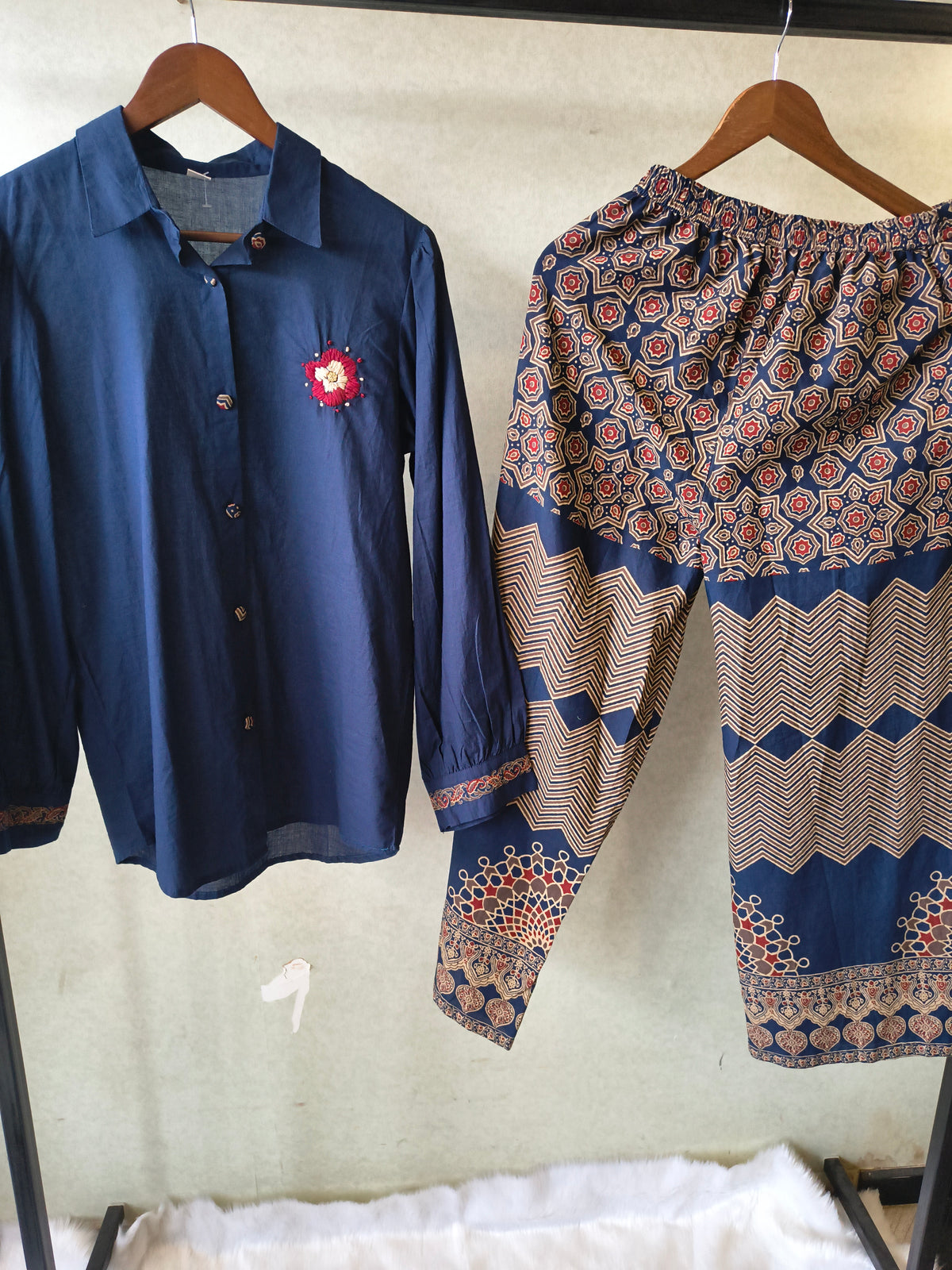 Navy Blue Designer Shirt Co-Ord Set with Statement Printed Palazzo Pants
