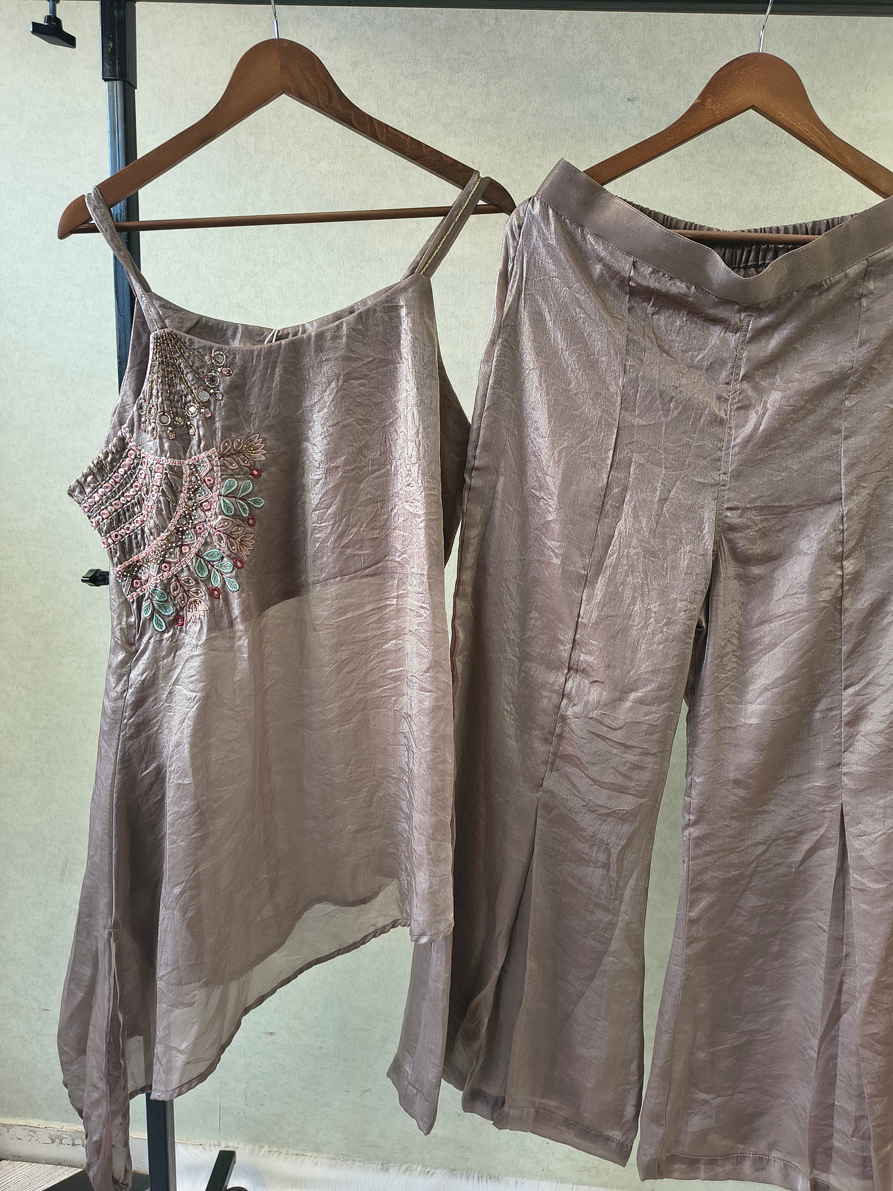 Image of Steel Grey Asymmetrical Embroidered Indo-Western Kurta Set with Straight Pants & Dupatta – 3 Piece Designer Co-Ord Set