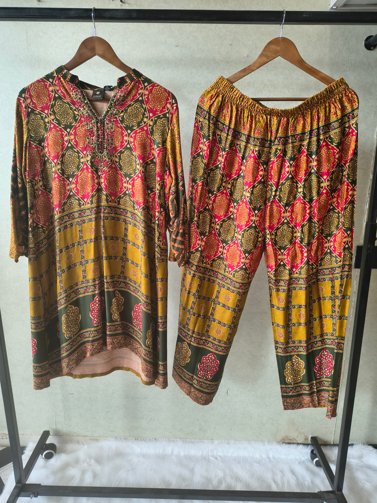 Premium Olive Green & Mustard Heritage Print Co-Ord Kurta Set with Straight Pants