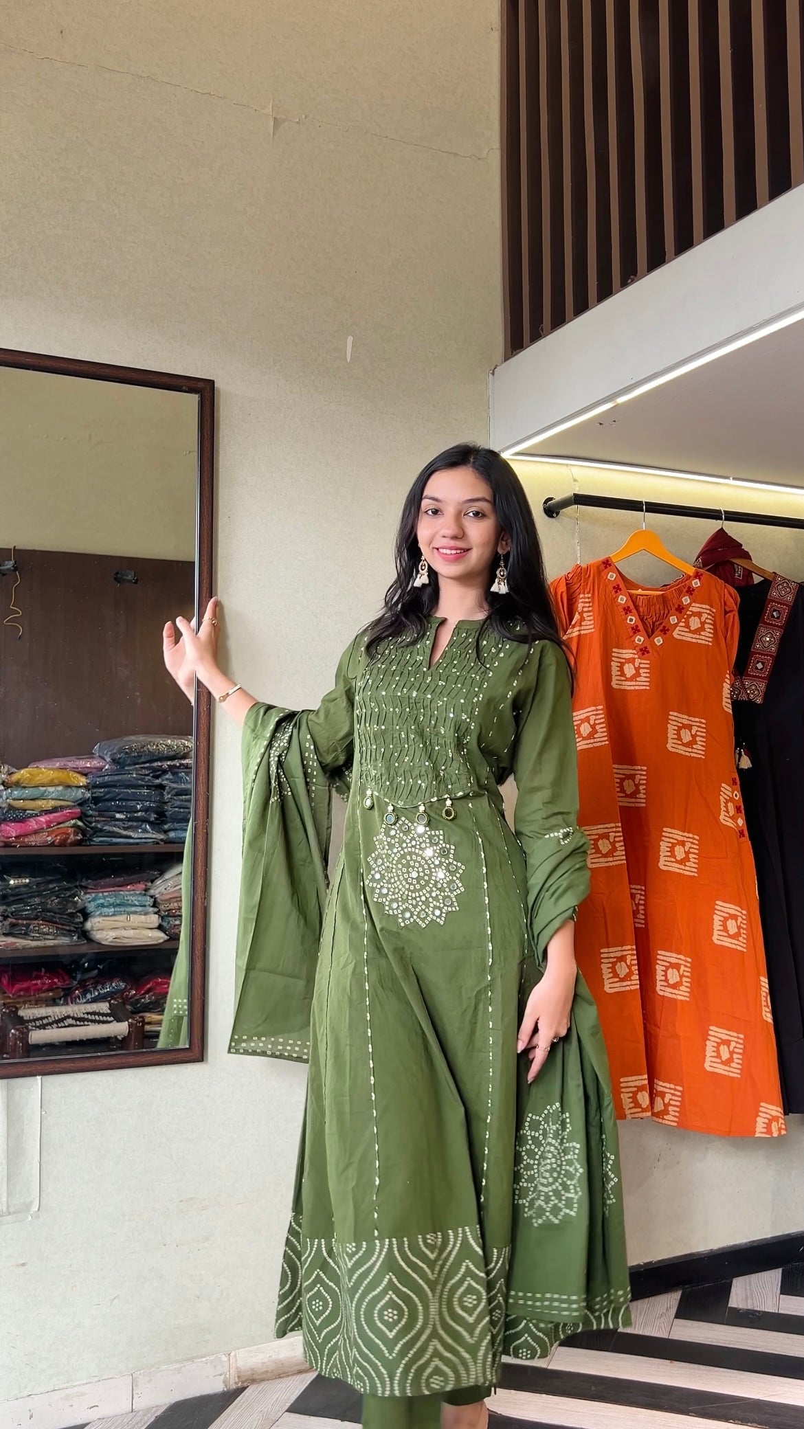 Image of Pure Mull Cotton Bandhani 3 Piece Anarkali Set