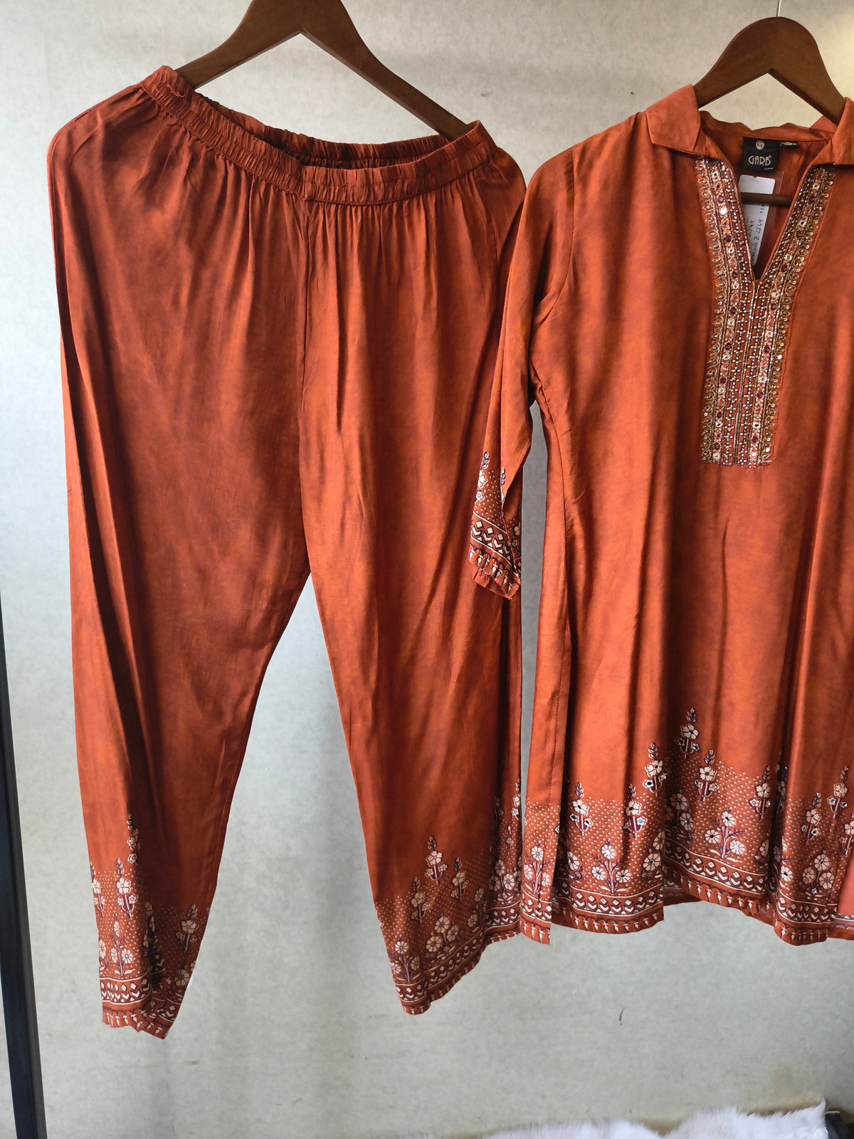 Rust Brown Designer Ethnic Co-Ord Set with Embellished Neckline & Printed Borders