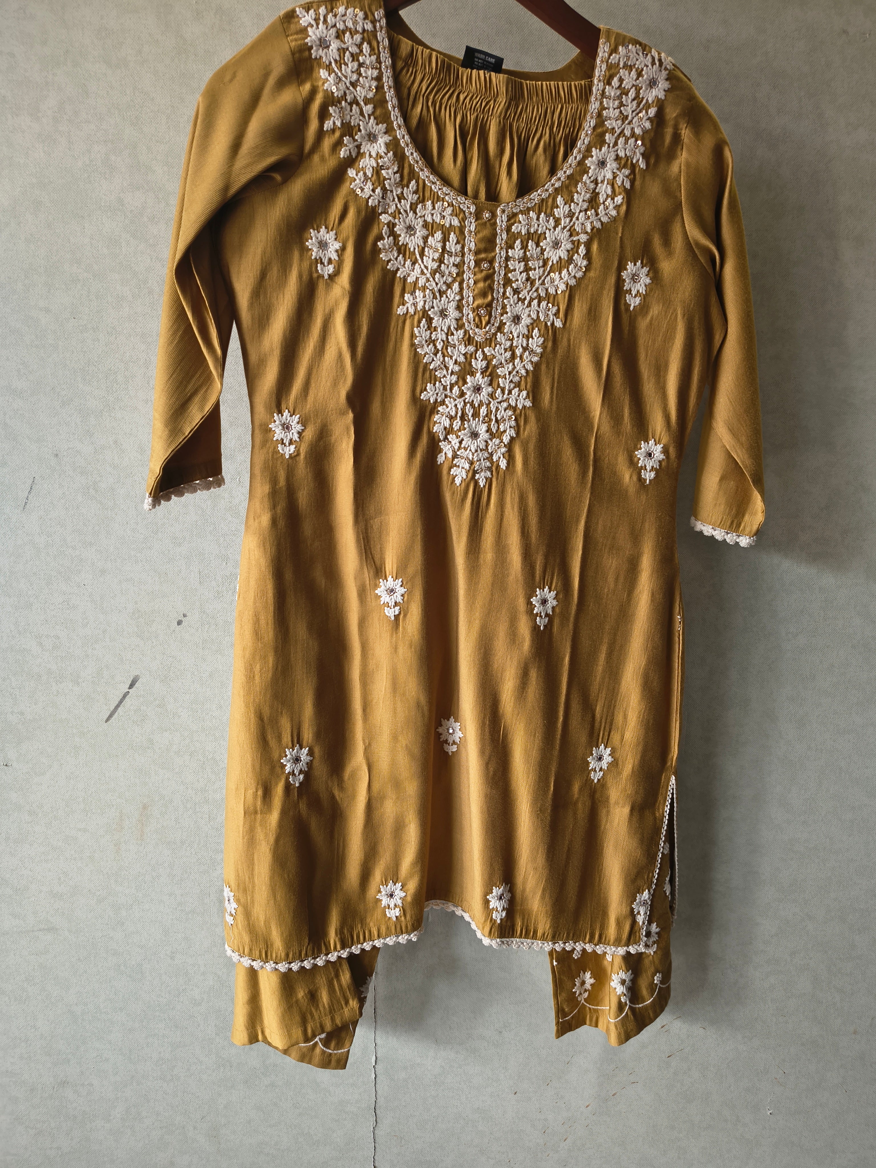 Image of Mustard Yellow White Embroidered Premium Kurta Pant Co-Ord Set