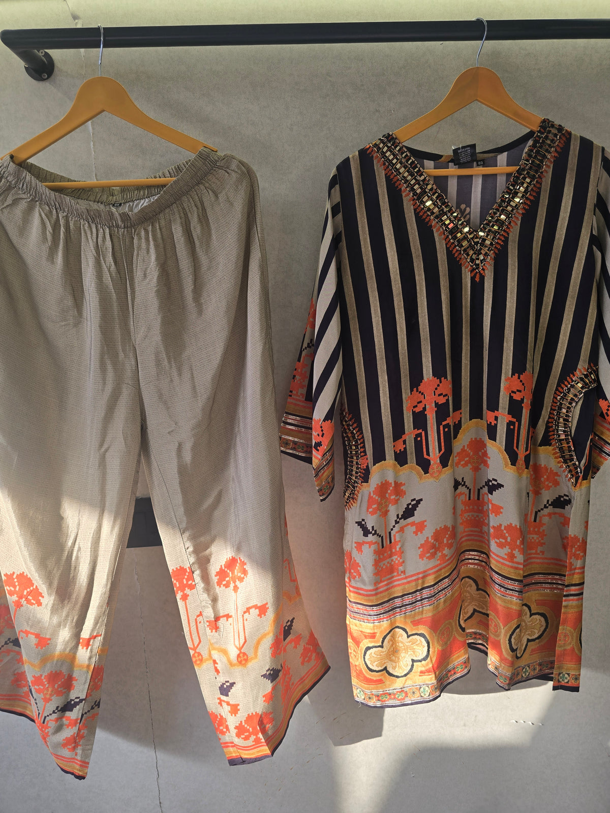 Navy Stripe Mirror Work Kaftan Co-Ord Set