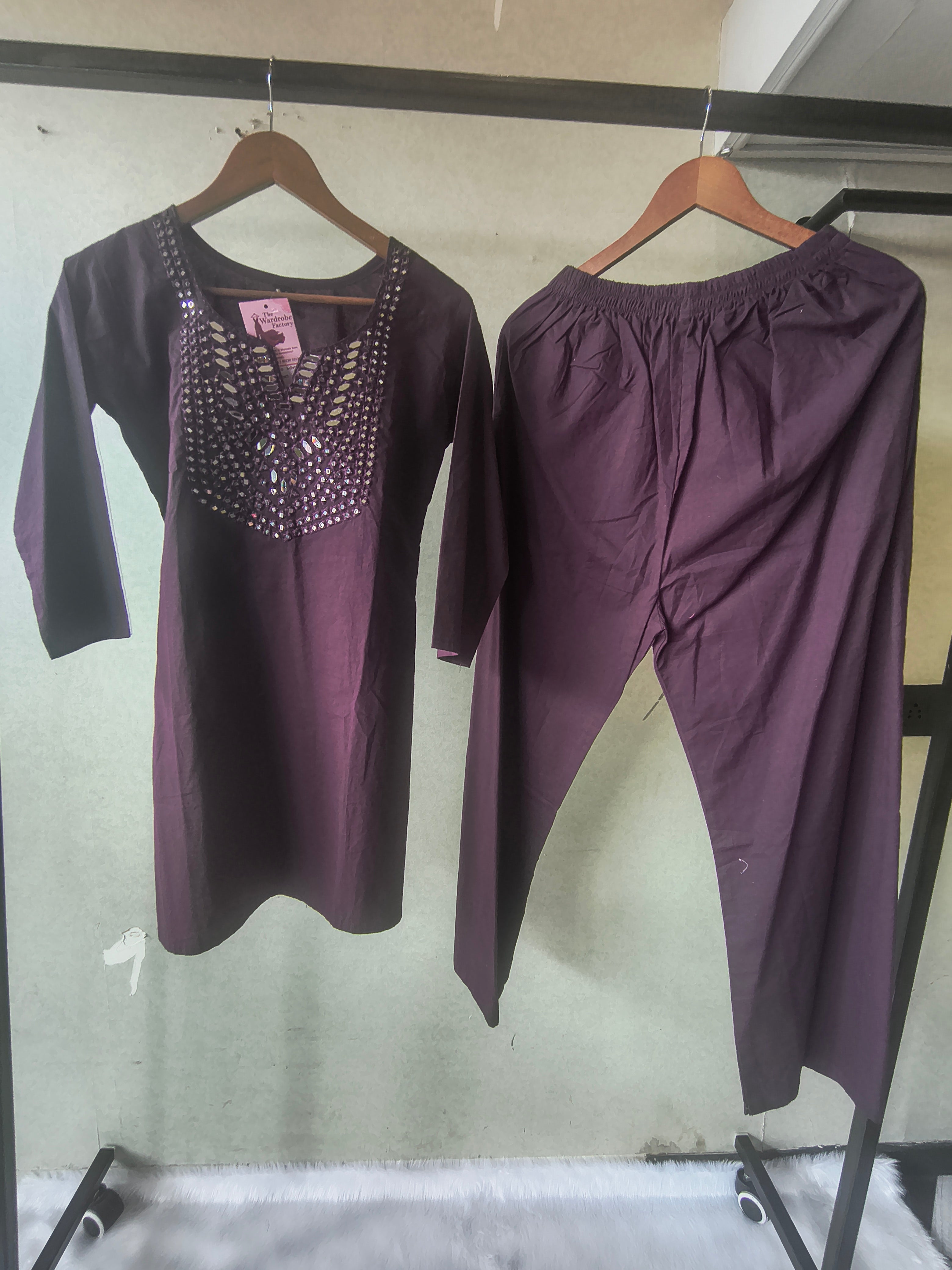 Image of Premium Deep Wine Straight Kurta Set with Mirror Embellished Yoke & Solid Palazzo Pants