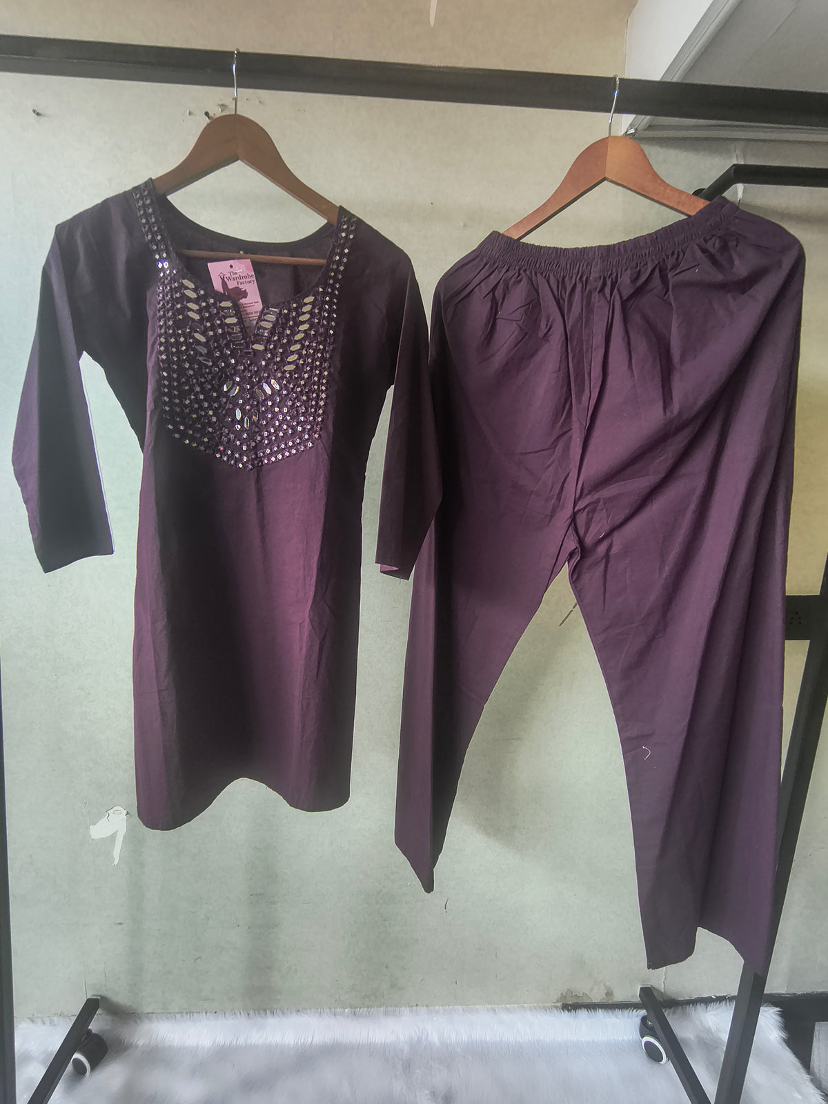 Premium Deep Wine Straight Kurta Set with Mirror Embellished Yoke & Solid Palazzo Pants