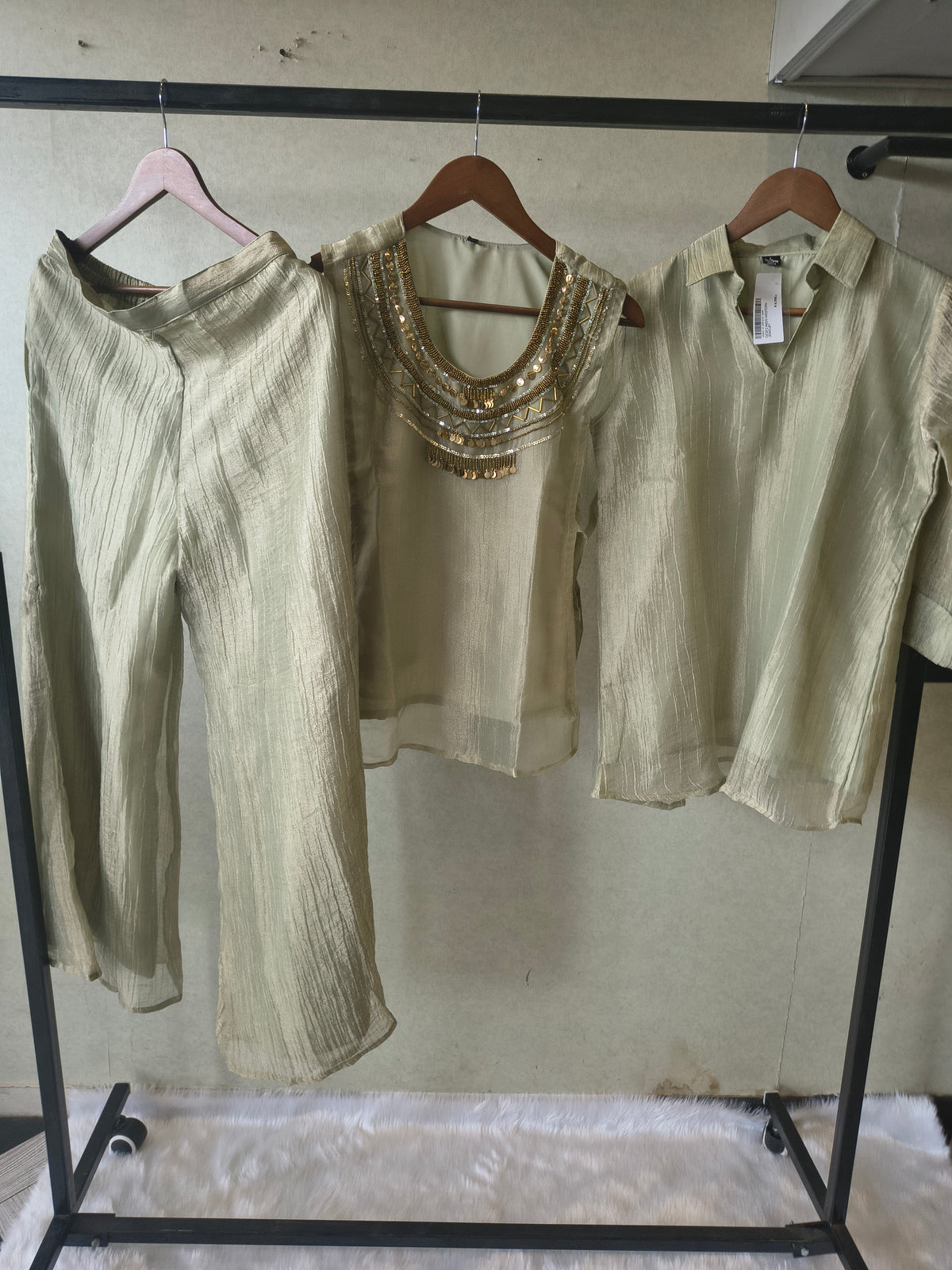 Premium Sage Grey Tissue Silk 3-Piece Co-Ord Set with Antique Hand Embellished Jacket, Inner & Palazzo