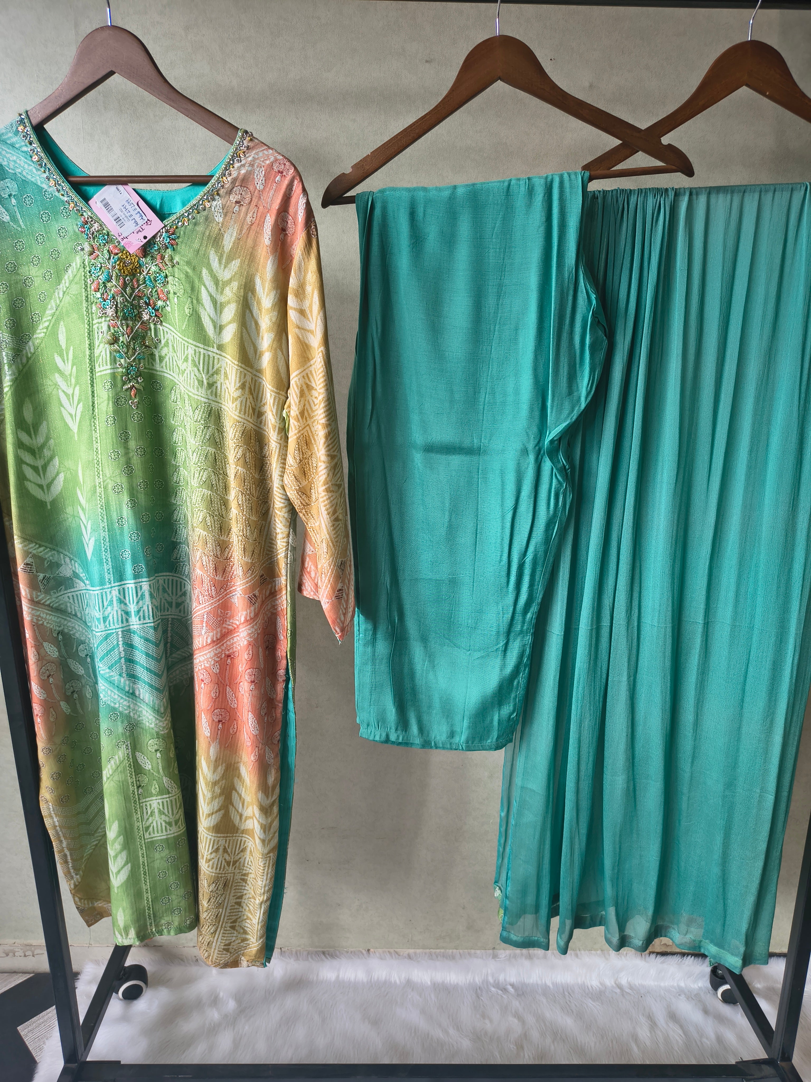 Image of Premium Aqua Ombre Printed Kurta Set with Hand-Embellished Neckline, Solid Pants & Chiffon Dupatta