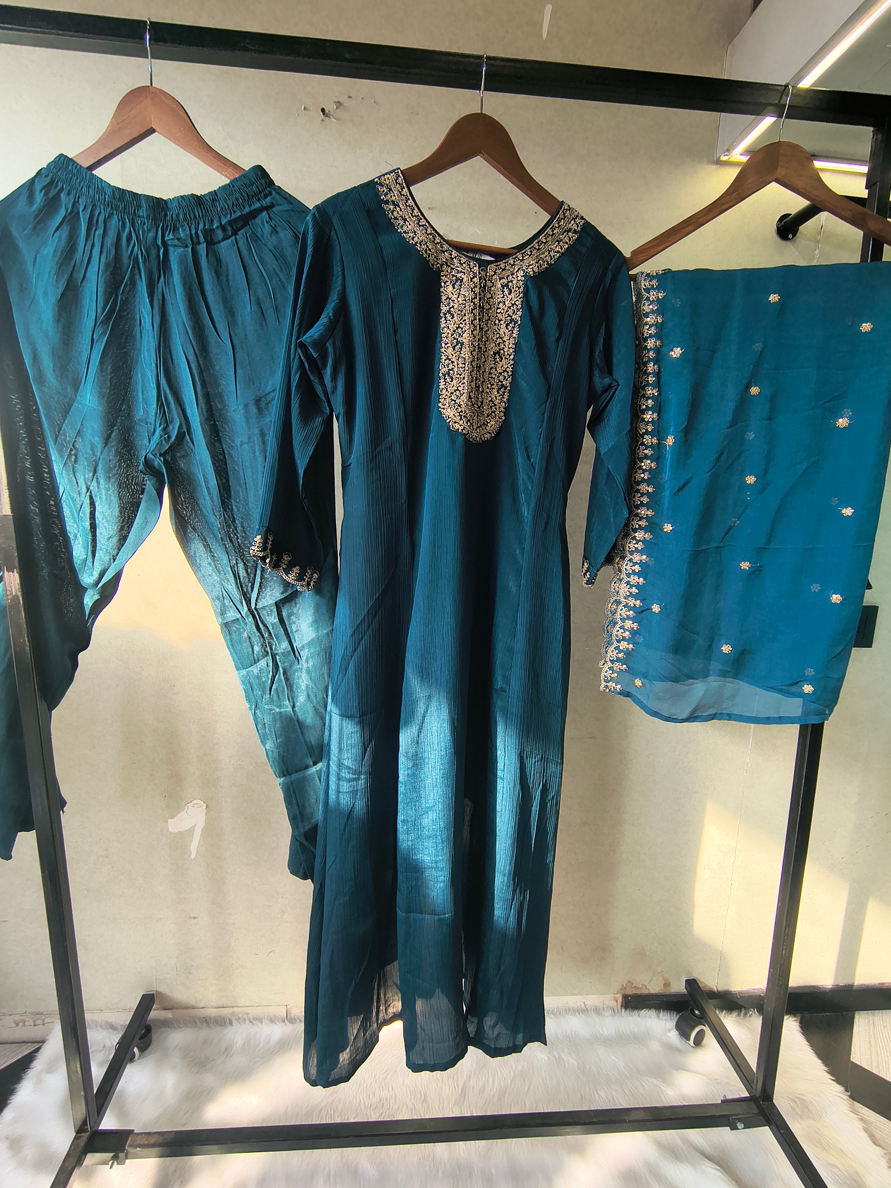 Image of Premium Teal Blue Embroidered Straight Kurta with Salwar Pants & Embellished Dupatta Set