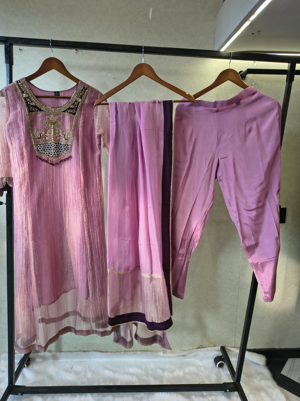 Lavender Embroidered Anarkali Kurta Set with Handcrafted Statement Yoke & Organza Dupatta | Premium 3 Piece Ethnic Ensemble