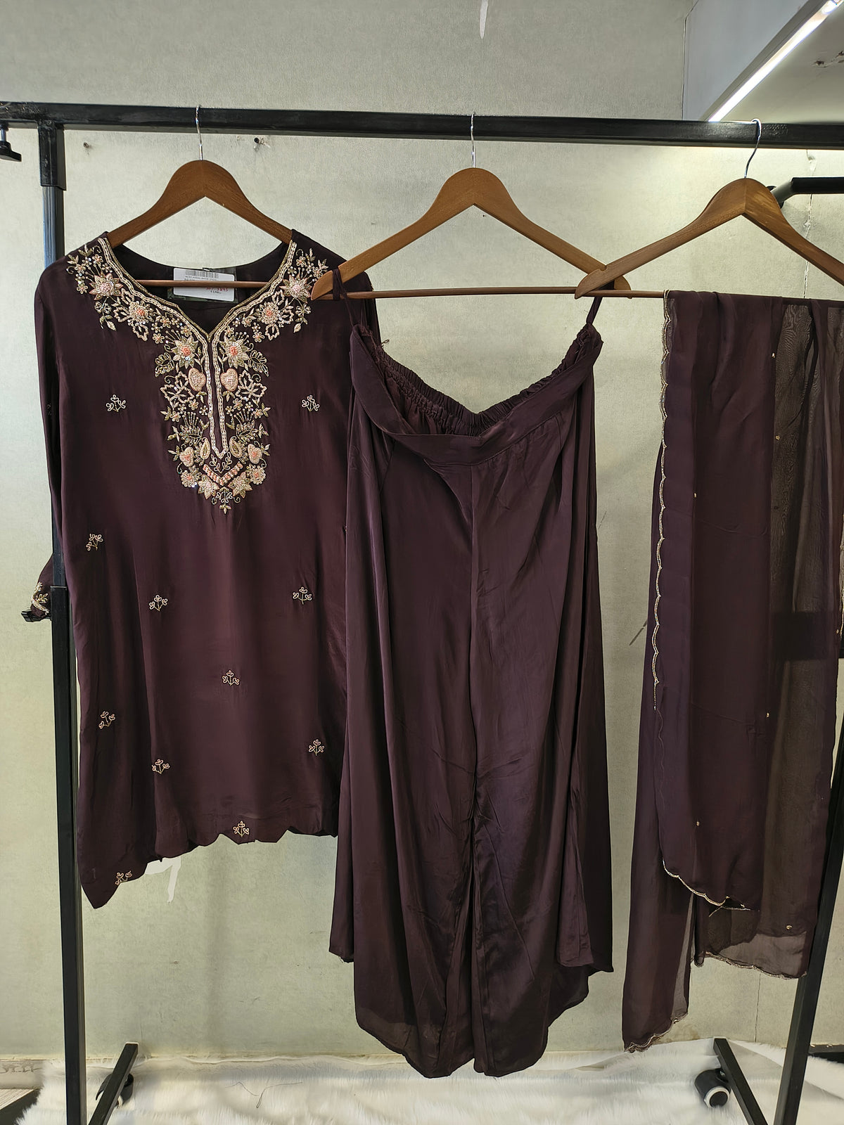 Chocolate Brown Embroidered Straight Kurta Set with Wide Palazzo & Chiffon Dupatta | Premium 3 Piece Festive Ensemble