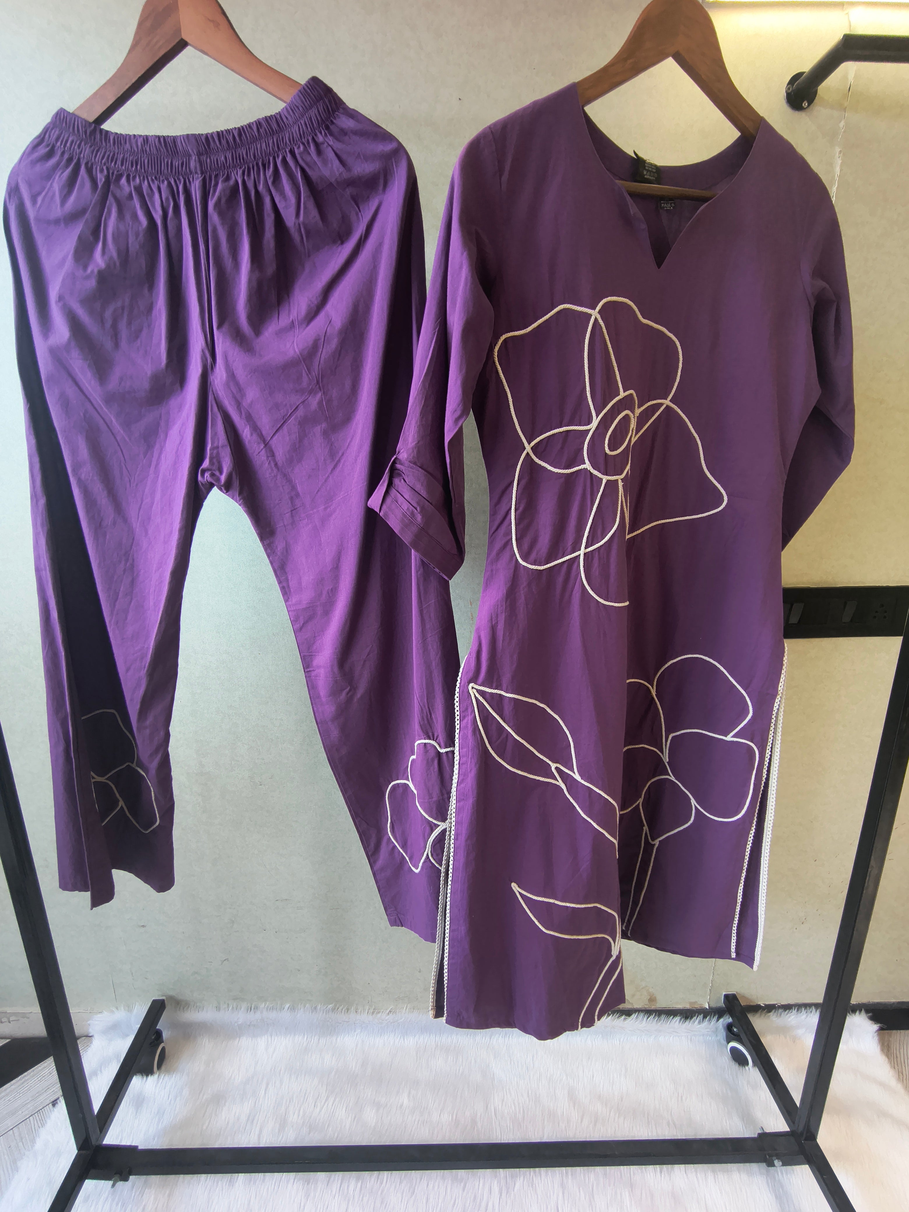 Image of Royal Purple Floral Embroidered Cotton Kurta Set with Straight Pants