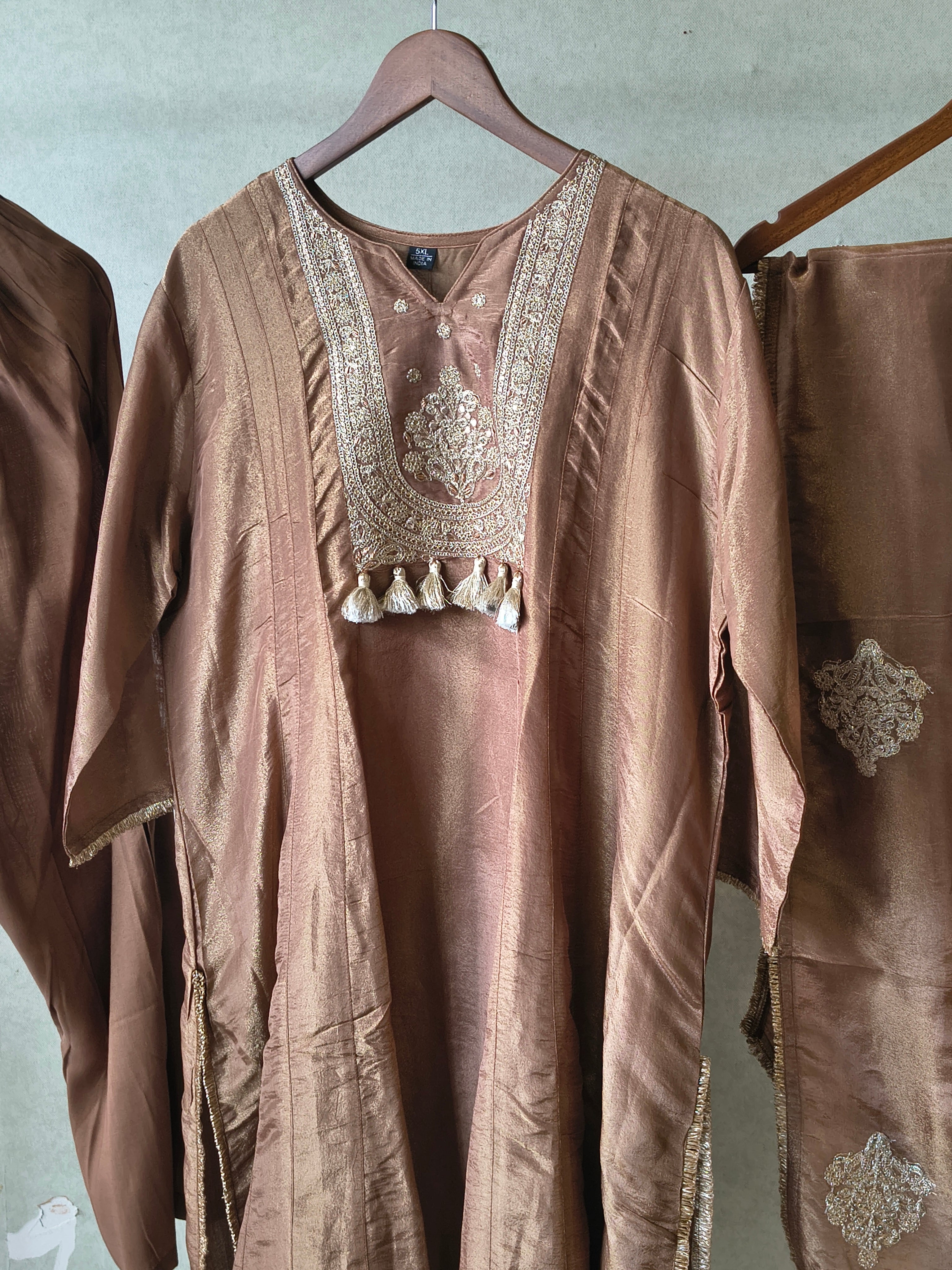 Image of Premium Copper Brown Embroidered A-Line Kurta Set with Dupatta