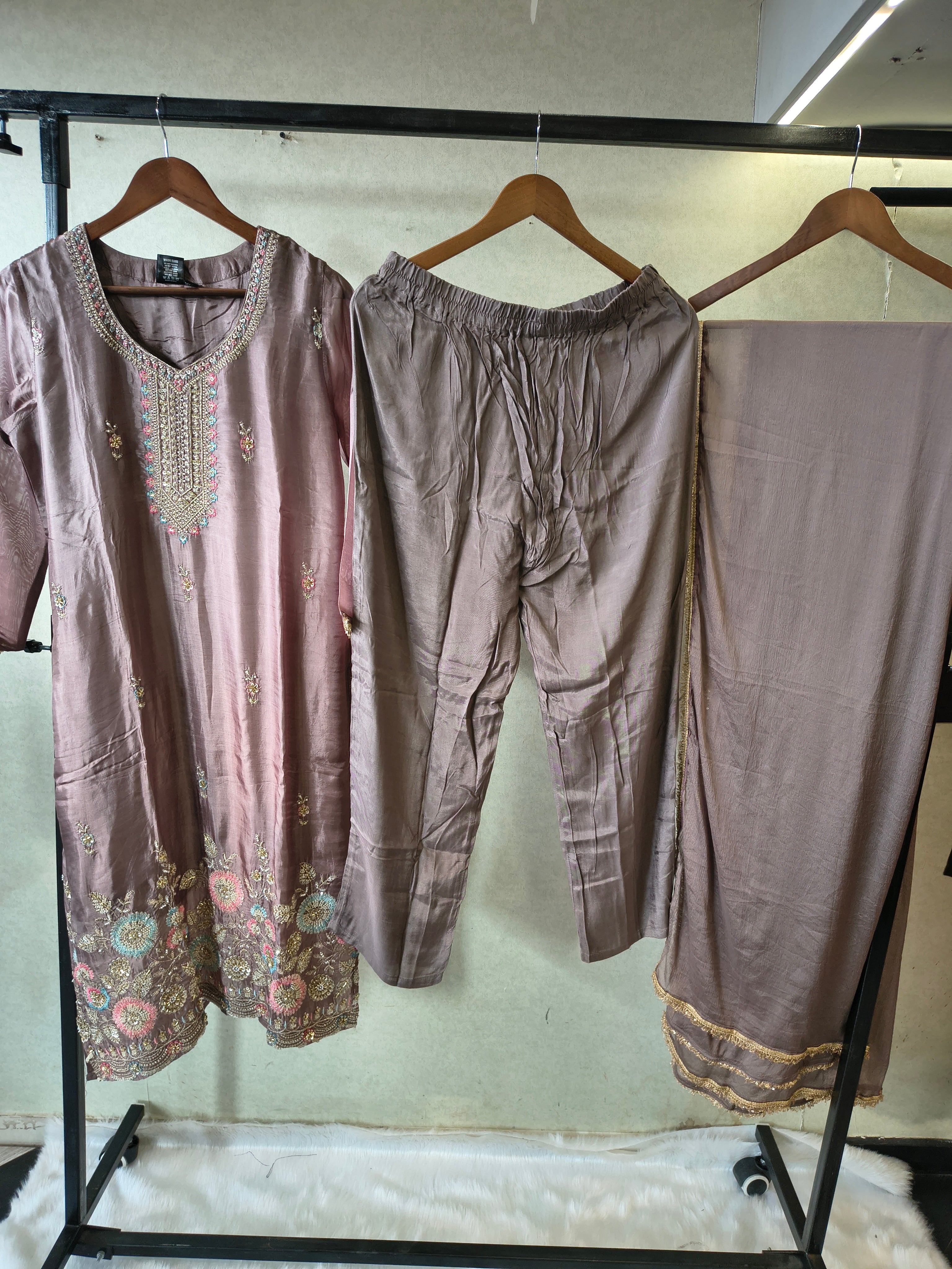 Image of Taupe Grey Embroidered Straight Kurta Set with Pastel Floral Hem, Handcrafted Yoke & Lace Border Dupatta – Premium 3 Piece Ethnic Ensemble