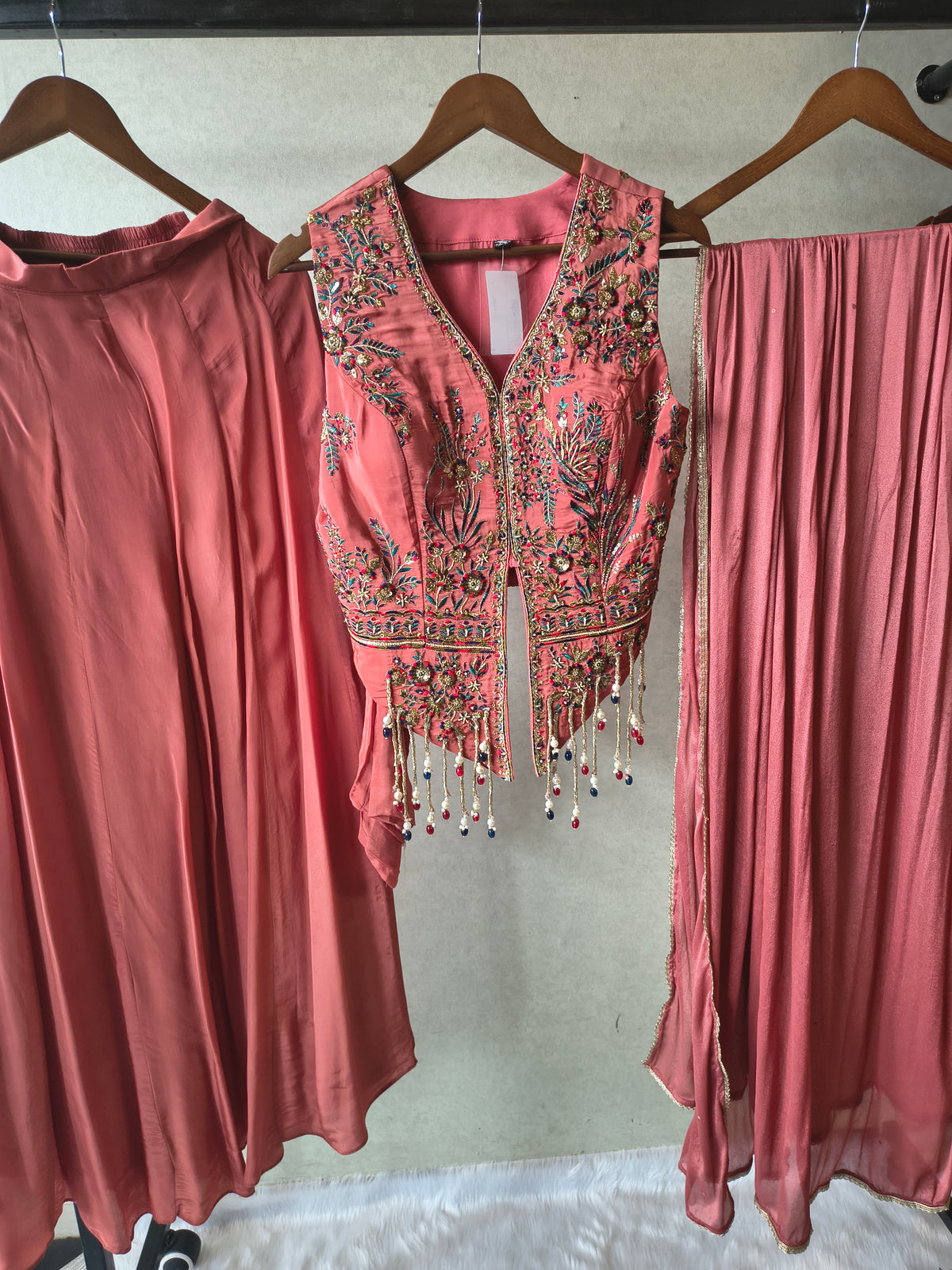 Premium Dusty Rose 3-Piece Designer Lehenga Set with Heavily Embroidered Jacket Blouse & Sequined Dupatta