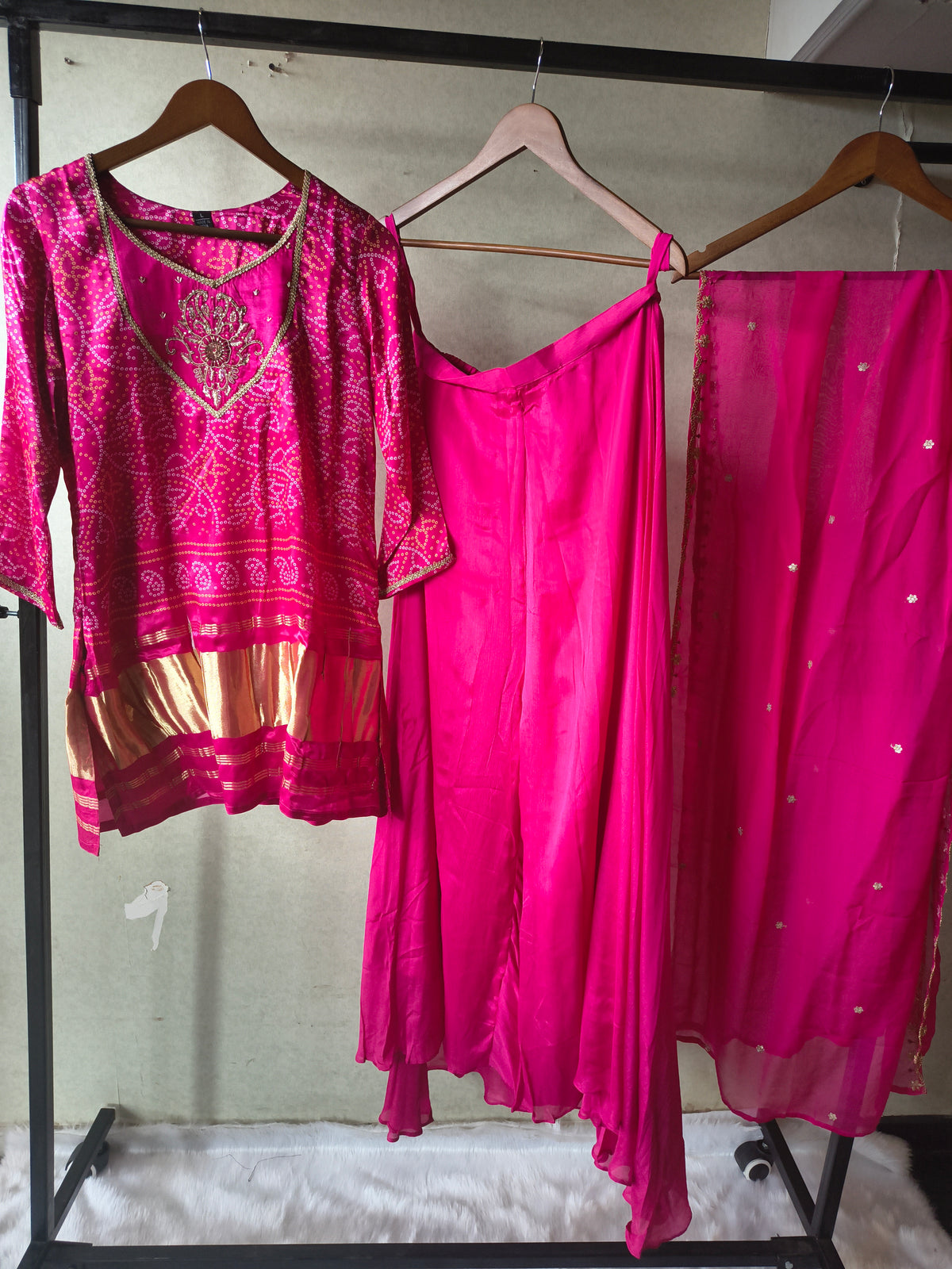Rani Pink Bandhani Sharara Set with Zari Border & Embroidered Dupatta – Premium 3 Piece Festive Ensemble