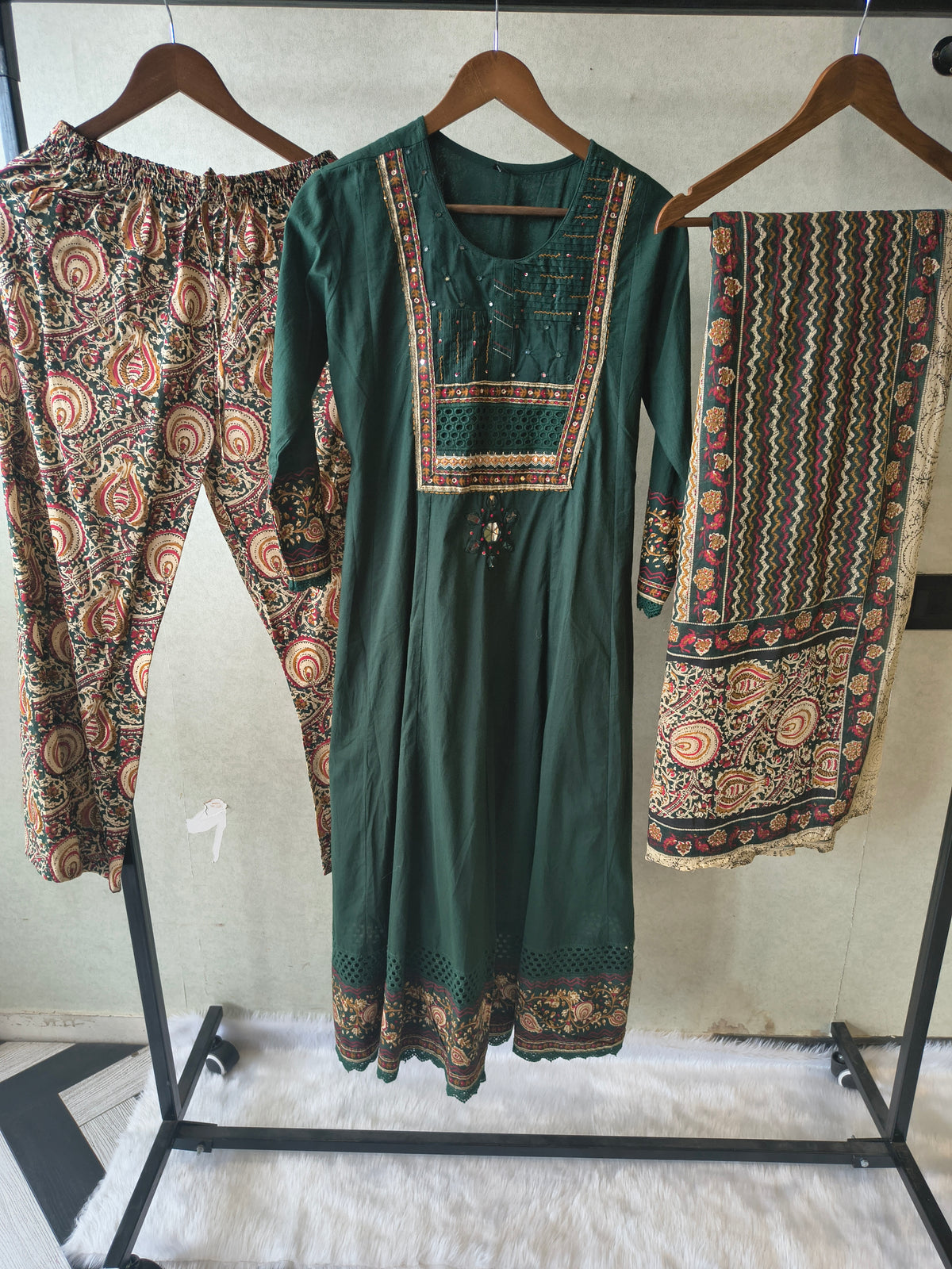Emerald Green Embroidered Three-Piece Kurta Set with Printed Pant & Designer Dupatta