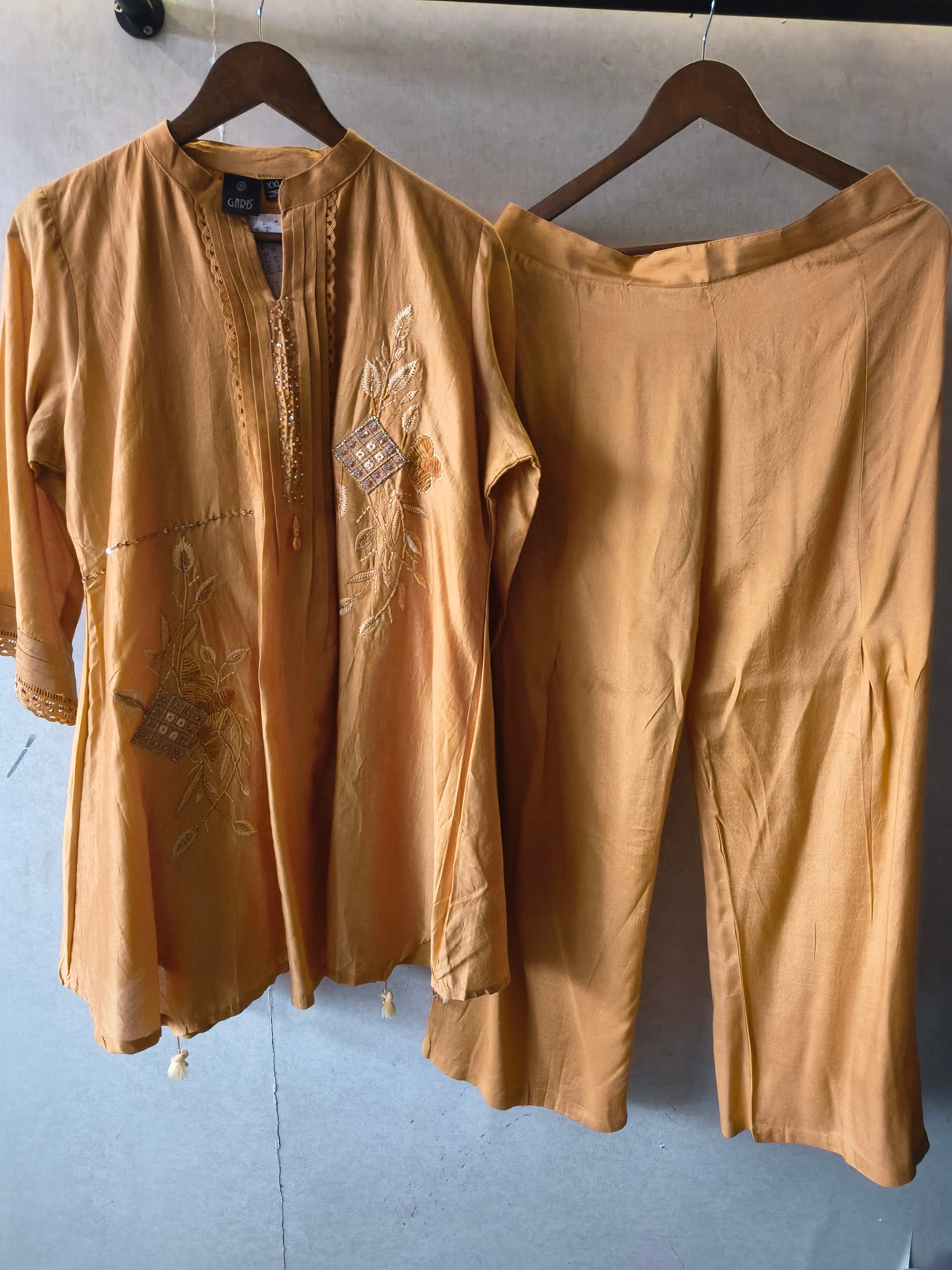 Image of Mustard Embroidered Premium Silk Co-Ord Set