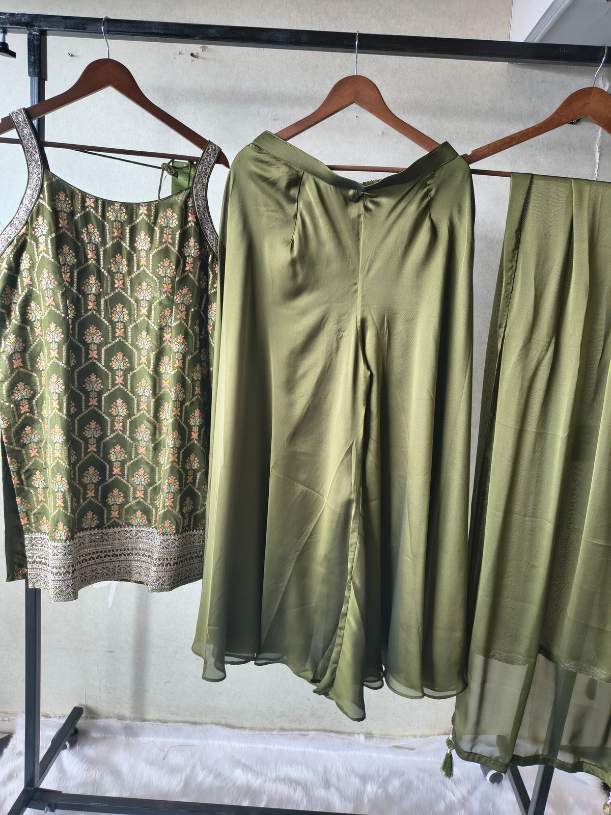 Olive Green Printed Sharara Set with Embroidered Border & Dupatta – Premium 3 Piece Festive Ensemble