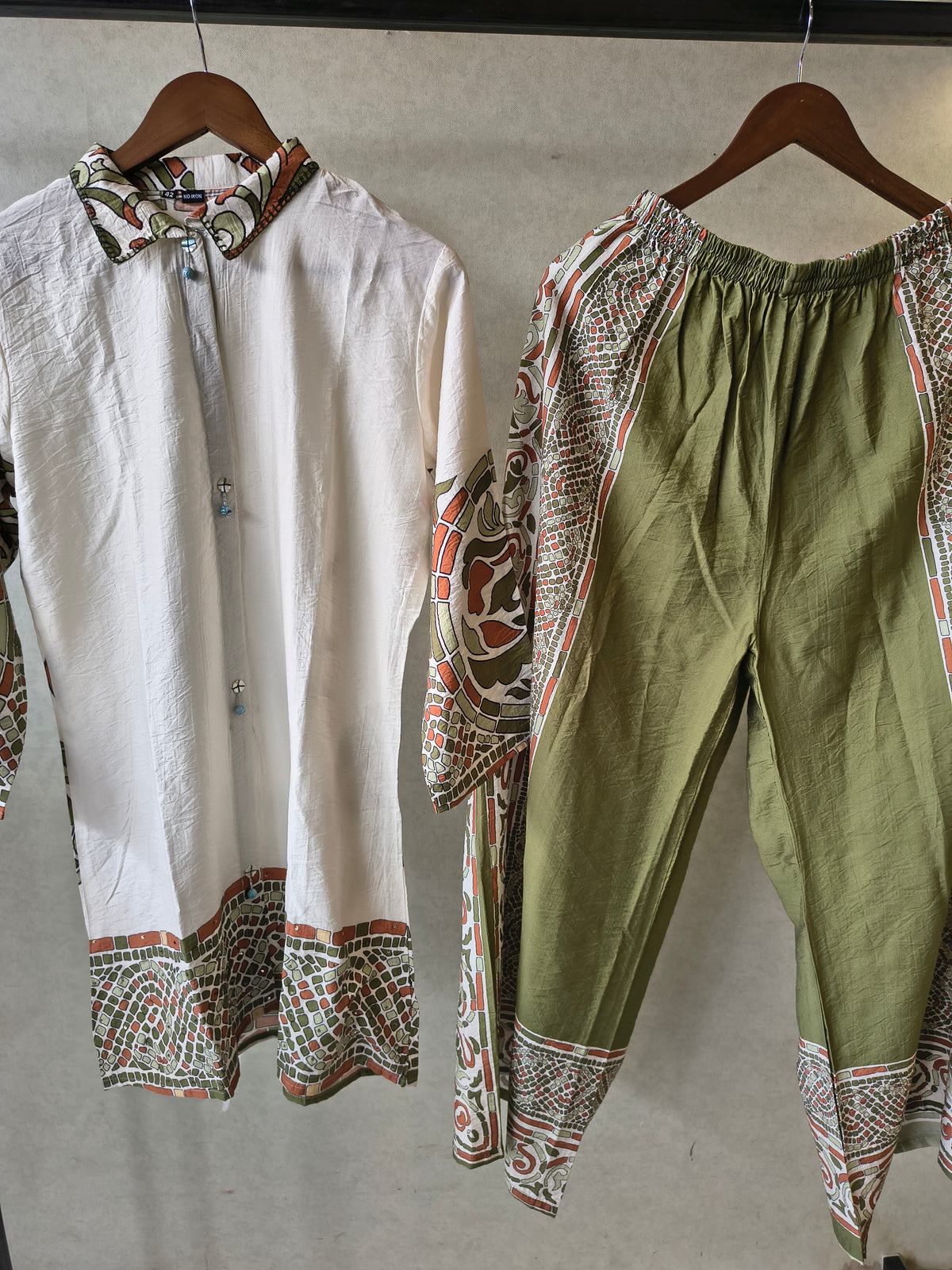 Premium Ivory Printed Cotton Kurta with Olive Pants & Printed Dupatta Set