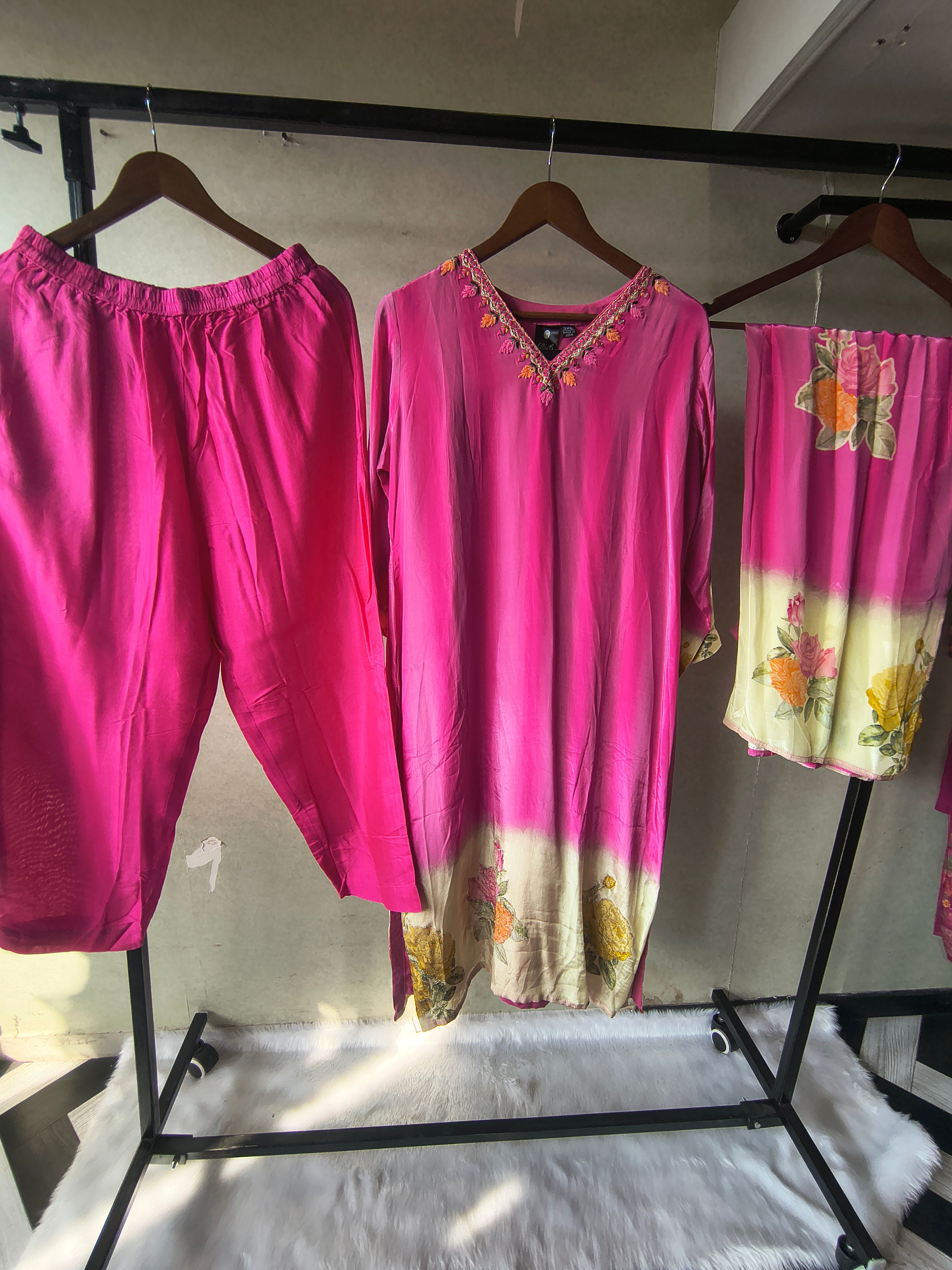 Image of Premium Fuchsia Pink Floral Embroidered Kurta Set with Printed Dupatta