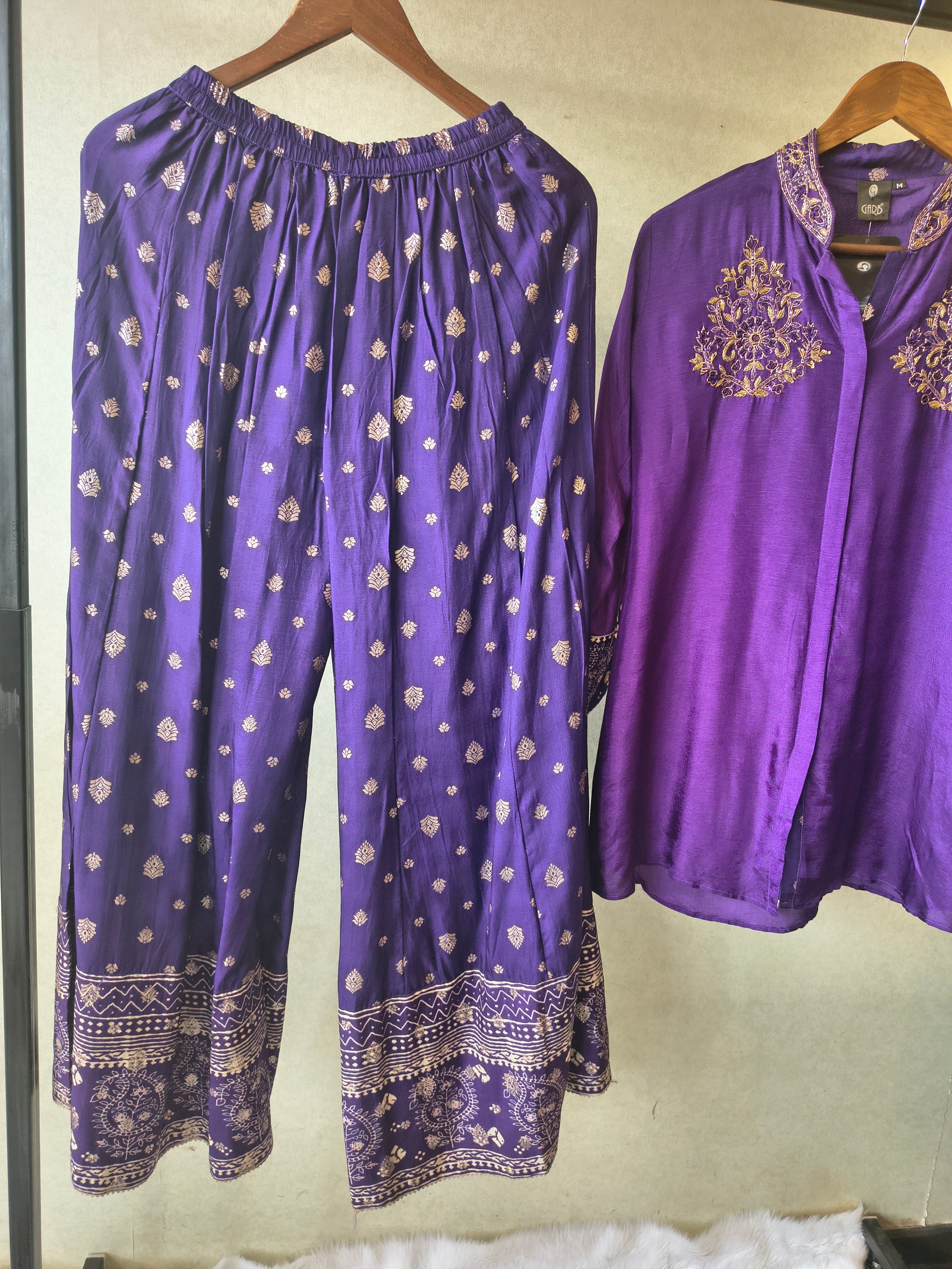 Image of Royal Purple Designer Embroidered Co-Ord Set with Printed Palazzo