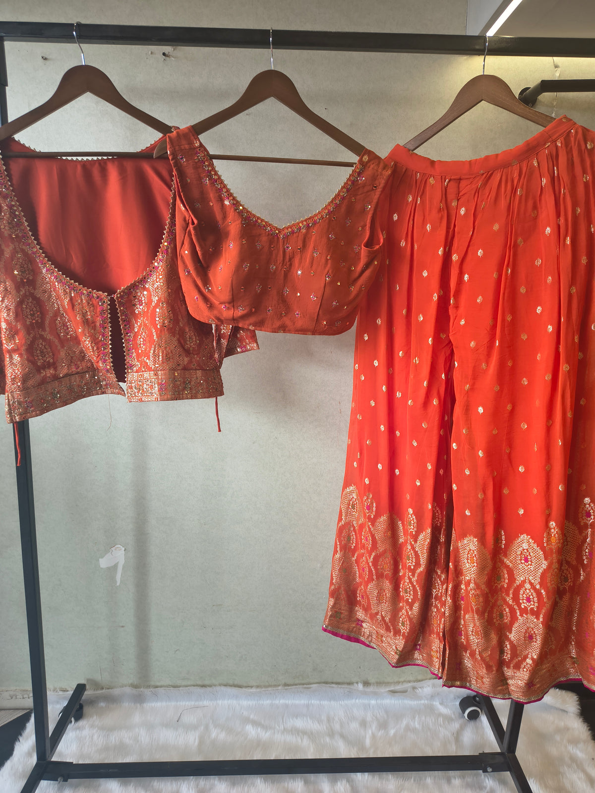 Rust Orange Banarasi Embroidered Lehenga Set with Handworked Blouse & Embellished Blouse – Designer 3 Piece Festive Ensemble