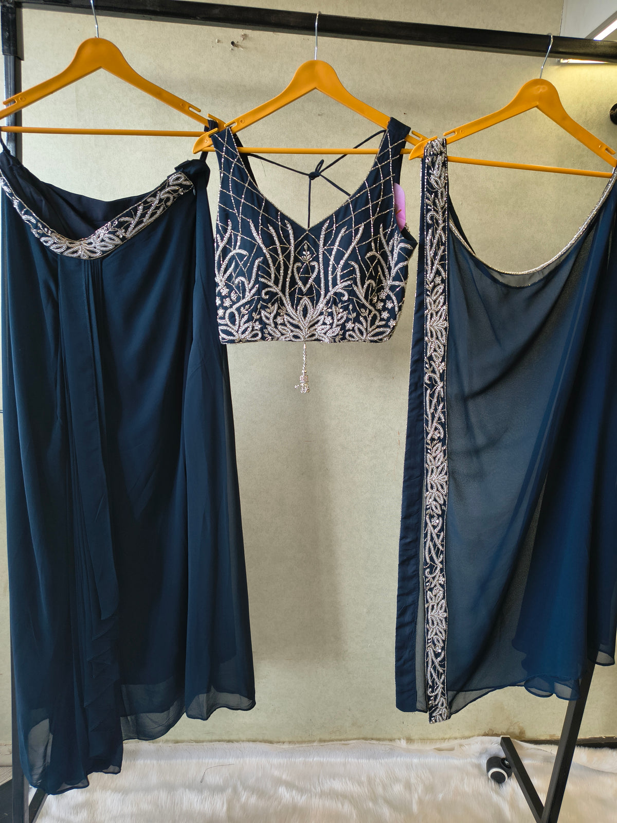 Midnight Navy Embroidered Designer Blouse with Flared Palazzo & Embroidered Dupatta – 3 Piece Festive Indo-Western Set