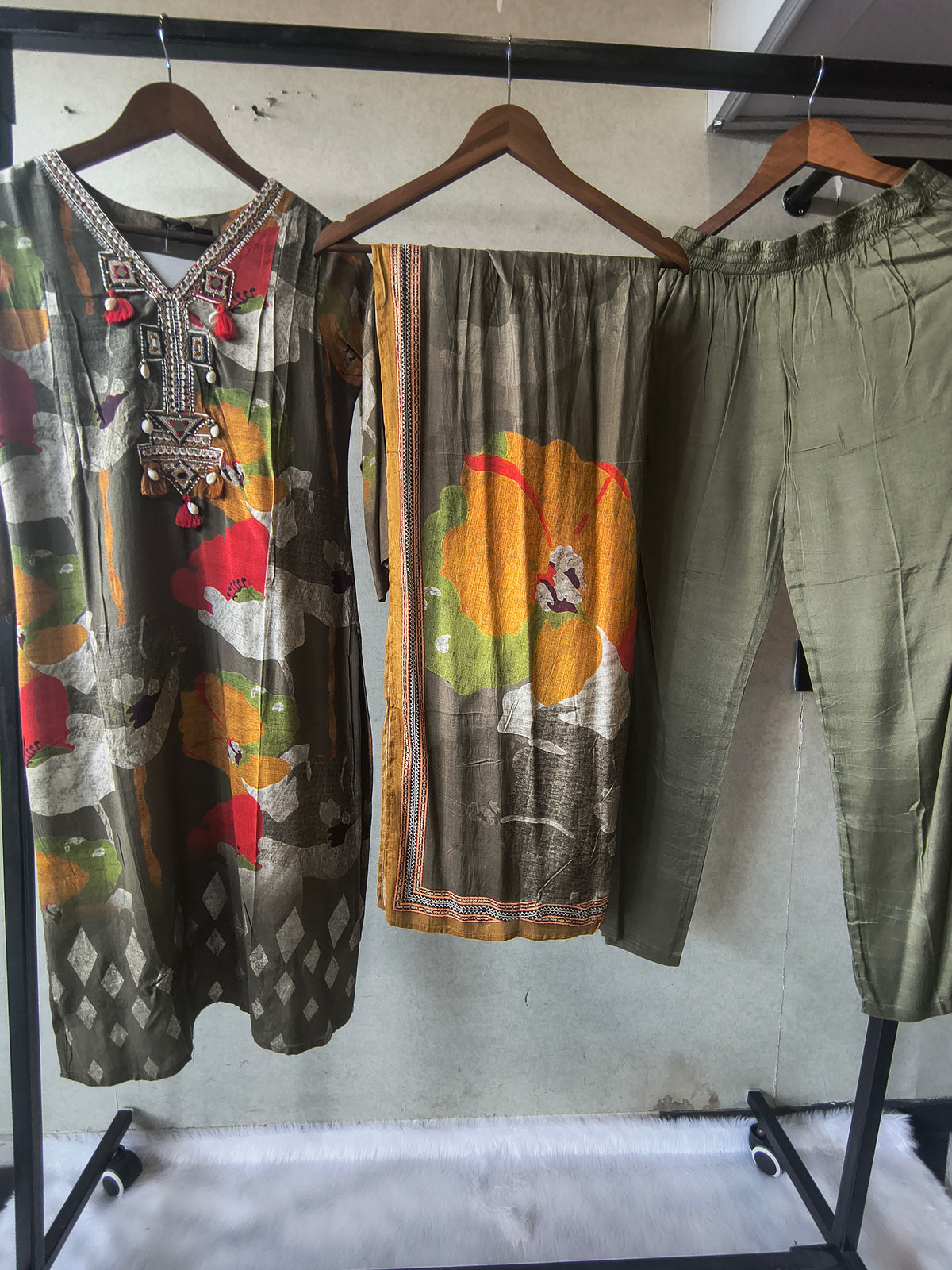 Premium Olive Green Floral Printed Kurta Set with Embellished Neckline, Solid Pants & Printed Dupatta