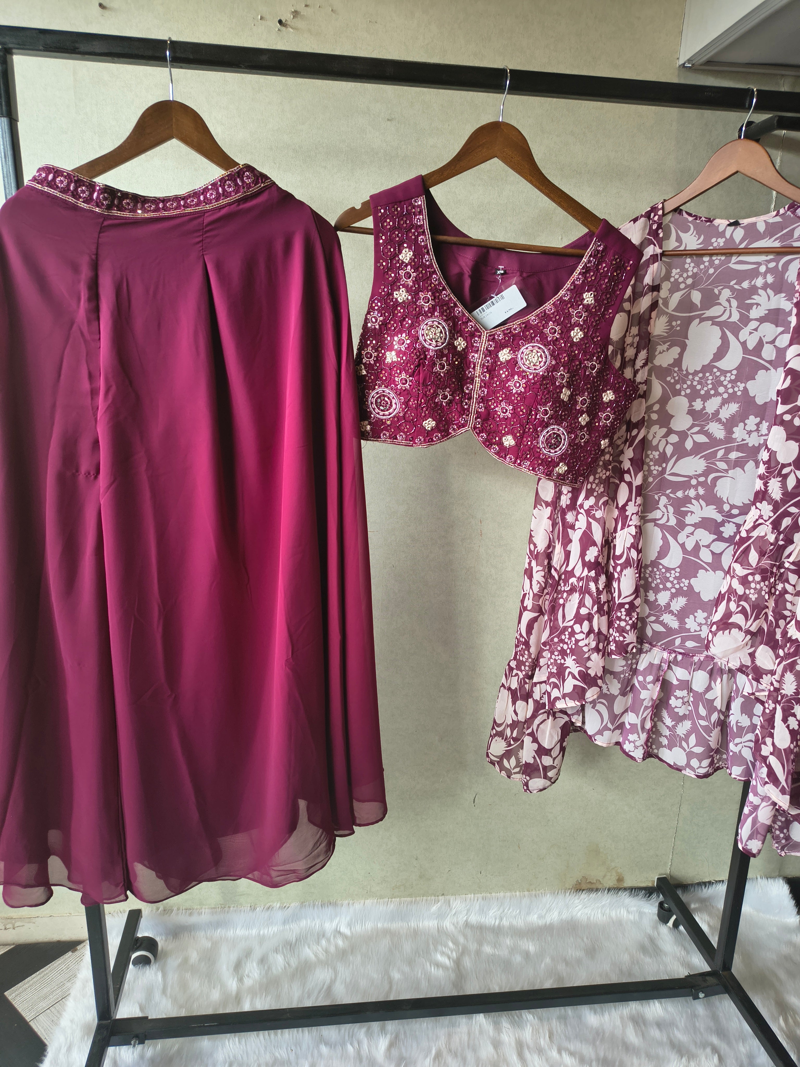 Image of Luxury Wine Embroidered Blouse with Printed Peplum Jacket & Flared Palazzo – 3 Piece Designer Indo-Western Set
