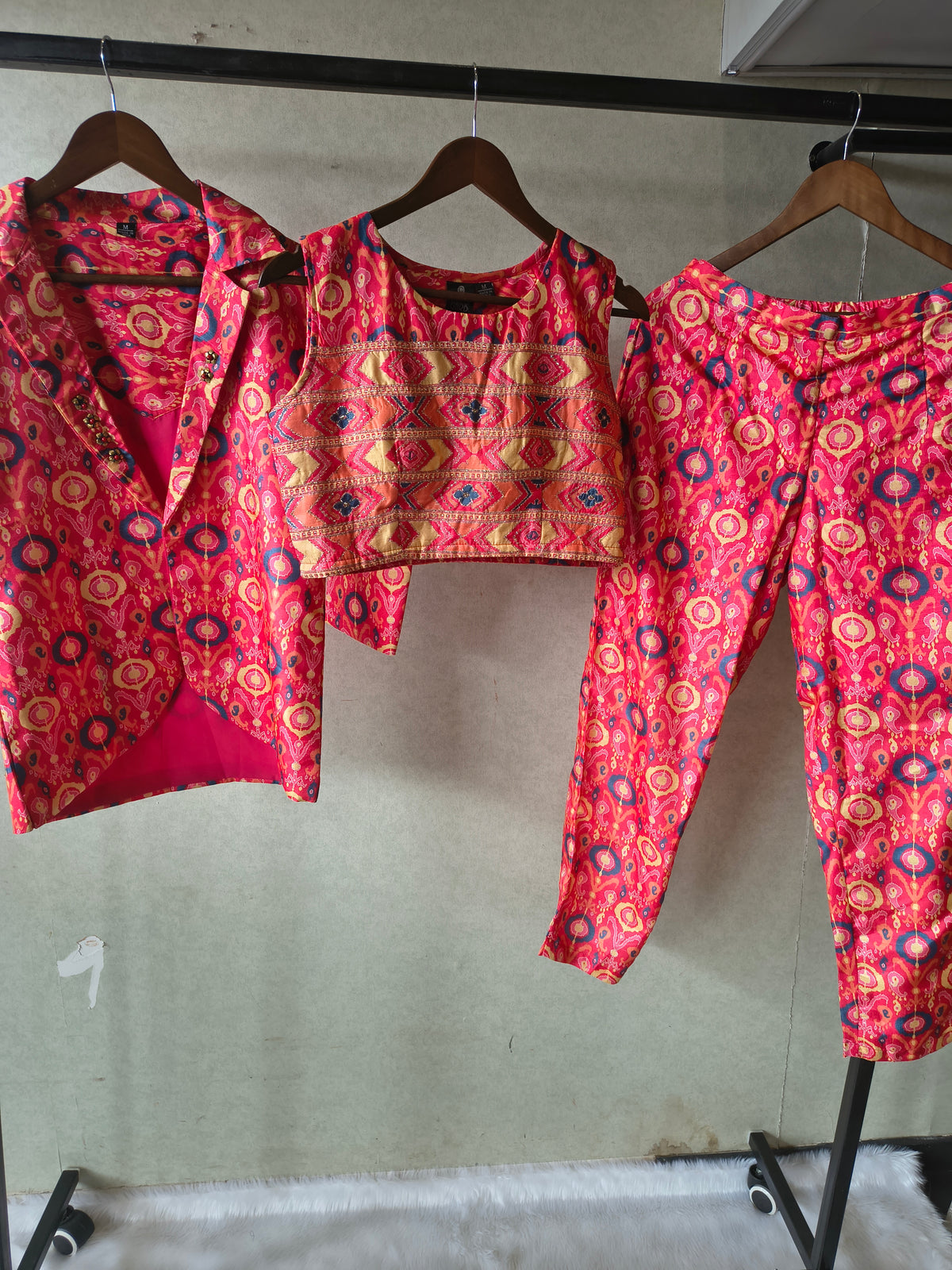 Premium Indo-Western Printed Co-ord Set with Embroidered Crop Top, Printed Shirt & Straight Pants