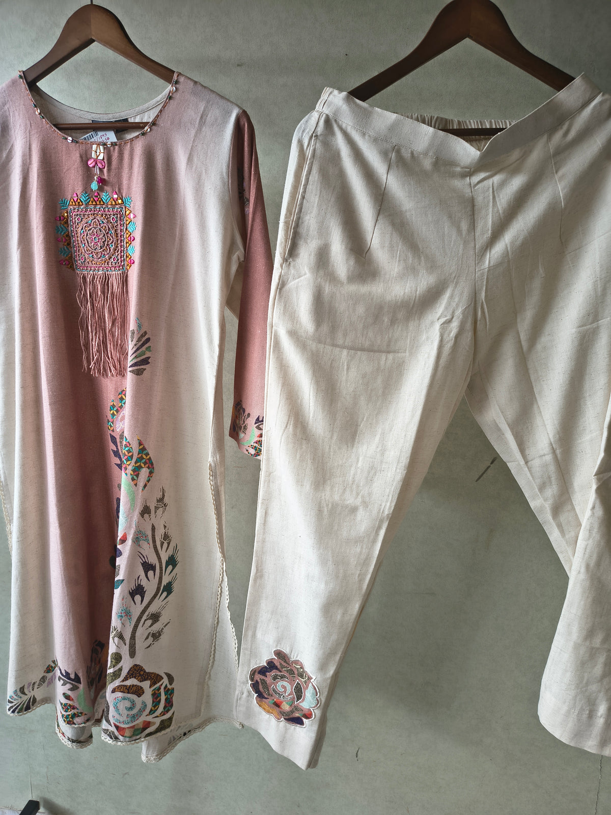 Premium Blush Pink Linen Blend Kurta Set with Handcrafted Embroidered Tassel Patch & Embroidered Pants
