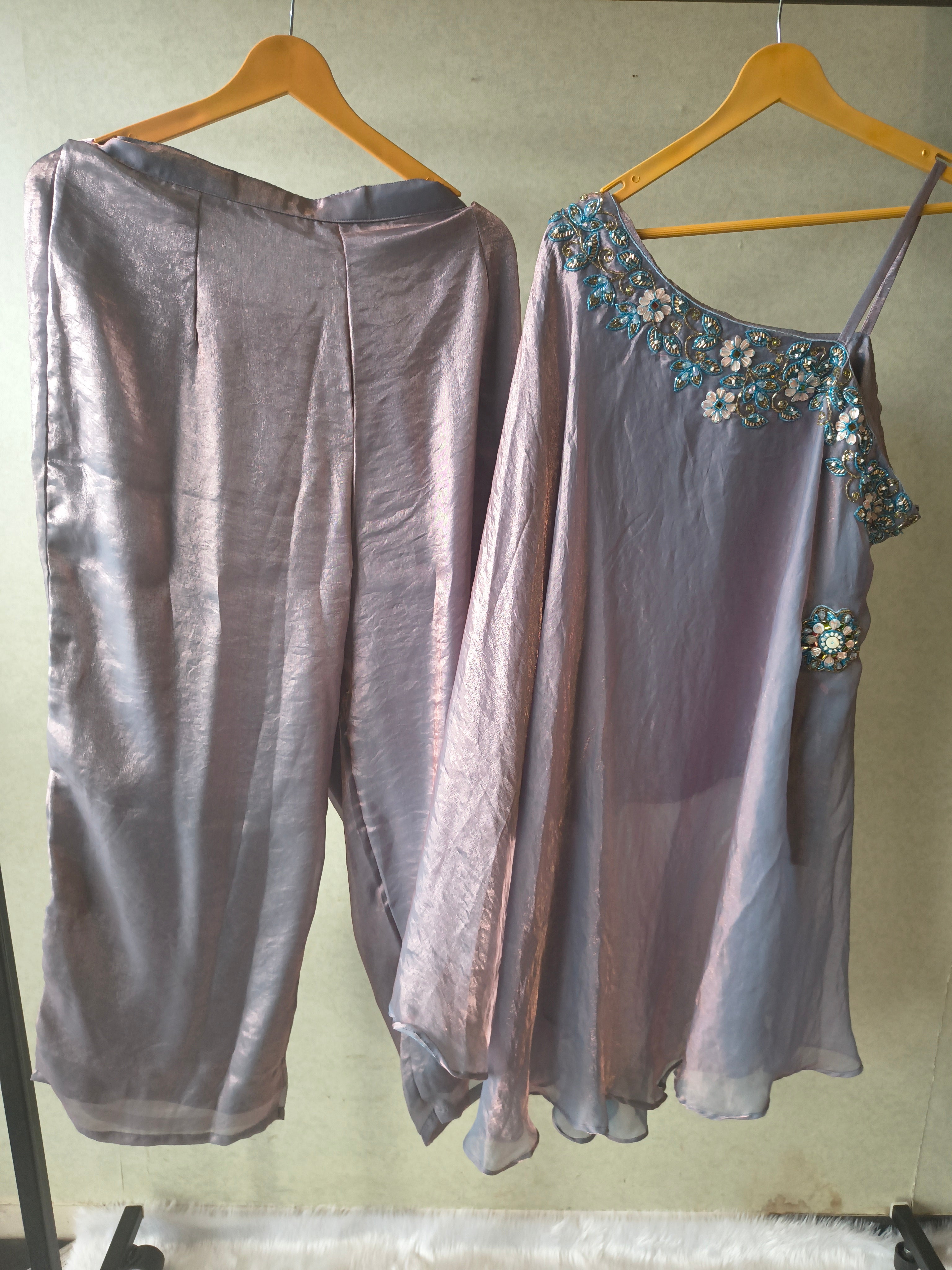 Image of Designer Lilac One-Shoulder Cape Top with Draped Tulip Pants – Luxury Indo-Western Co-Ord Set